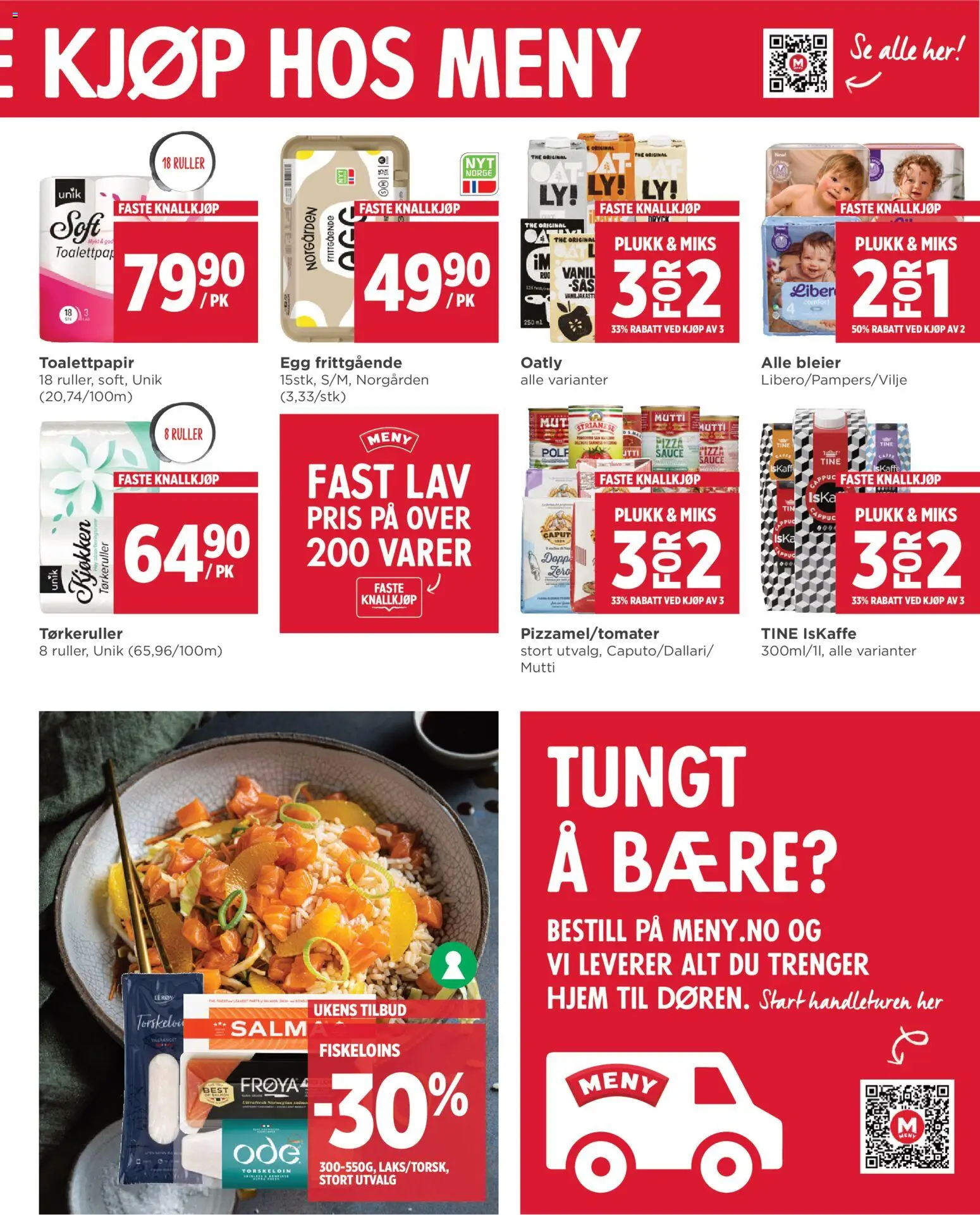 Forhåndsvis Meny kundeavis fra butikk Meny gyldig fra 12/10/2026 - Bleier, Egg, Toalettpapir, Pizza, Oatly, Ved, Iskaffe