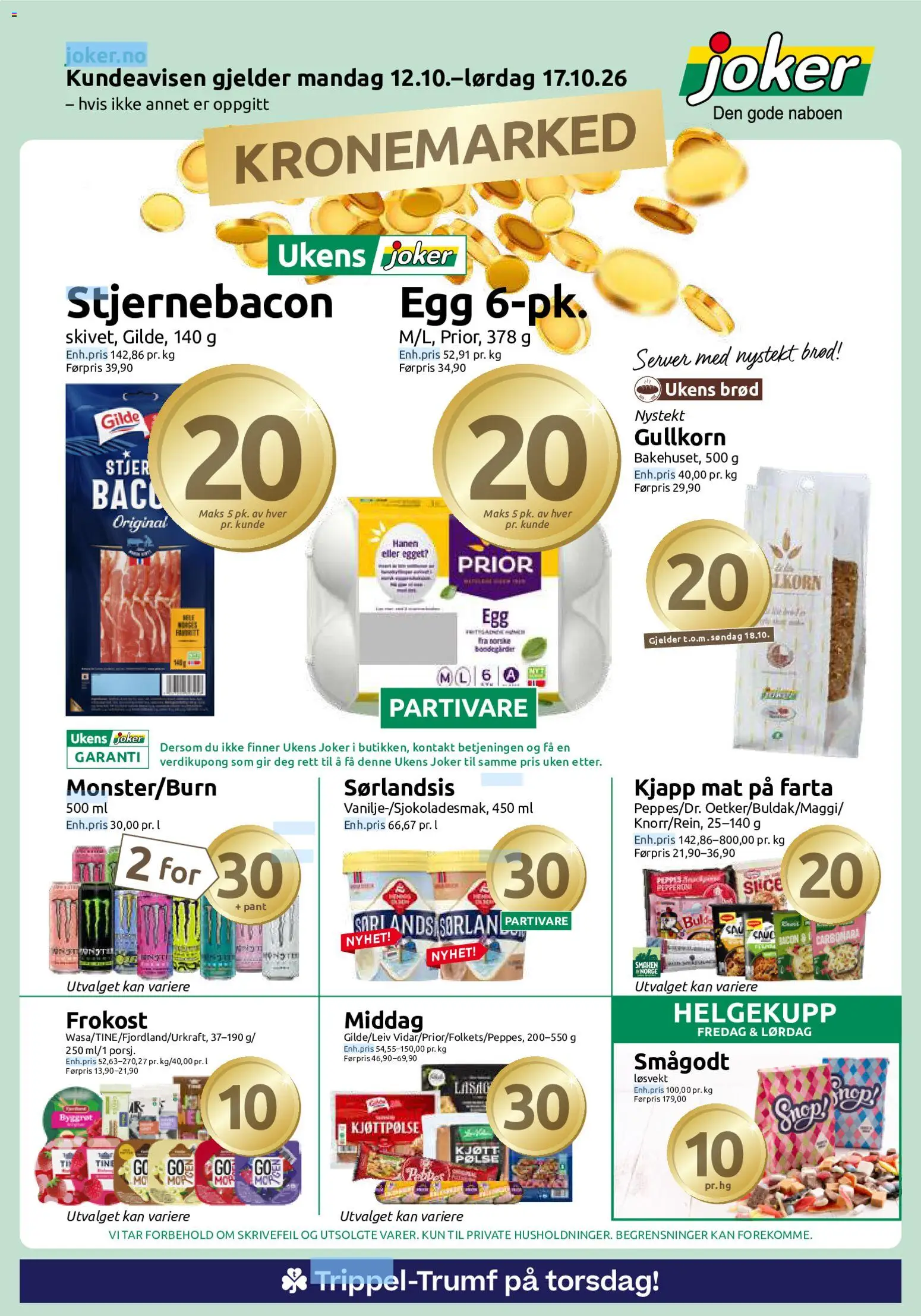 Forhåndsvis Joker kundeavis fra butikk Joker gyldig fra 12/10/2026 - Bacon, Stjernebacon, Egg, Brød, Smågodt, Sørlandsis, Mat, Kjøtt