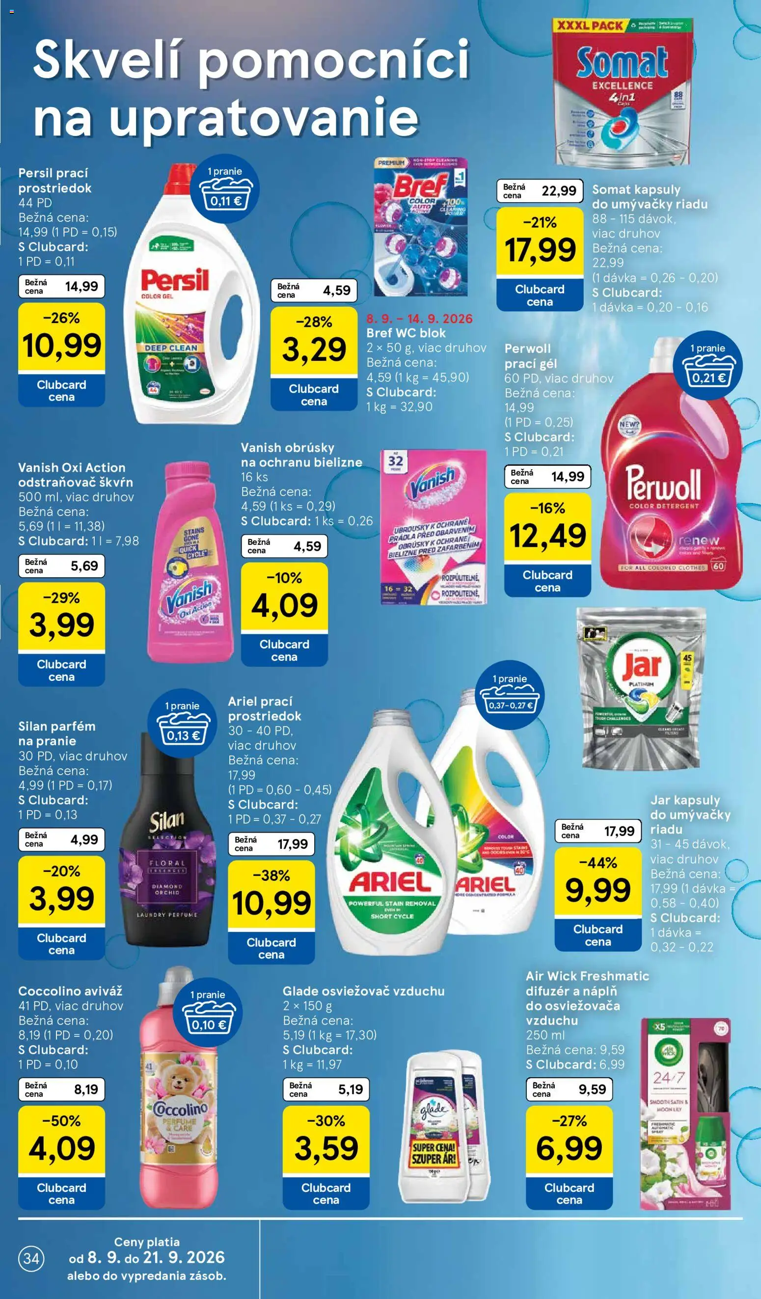 Náhľad Tesco letáku platného od 09.09.2026 - Wc, Ariel, Parfém, Osviežovač vzduchu, Vanish, Aviváž, Wc blok, Odstraňovač škvŕn