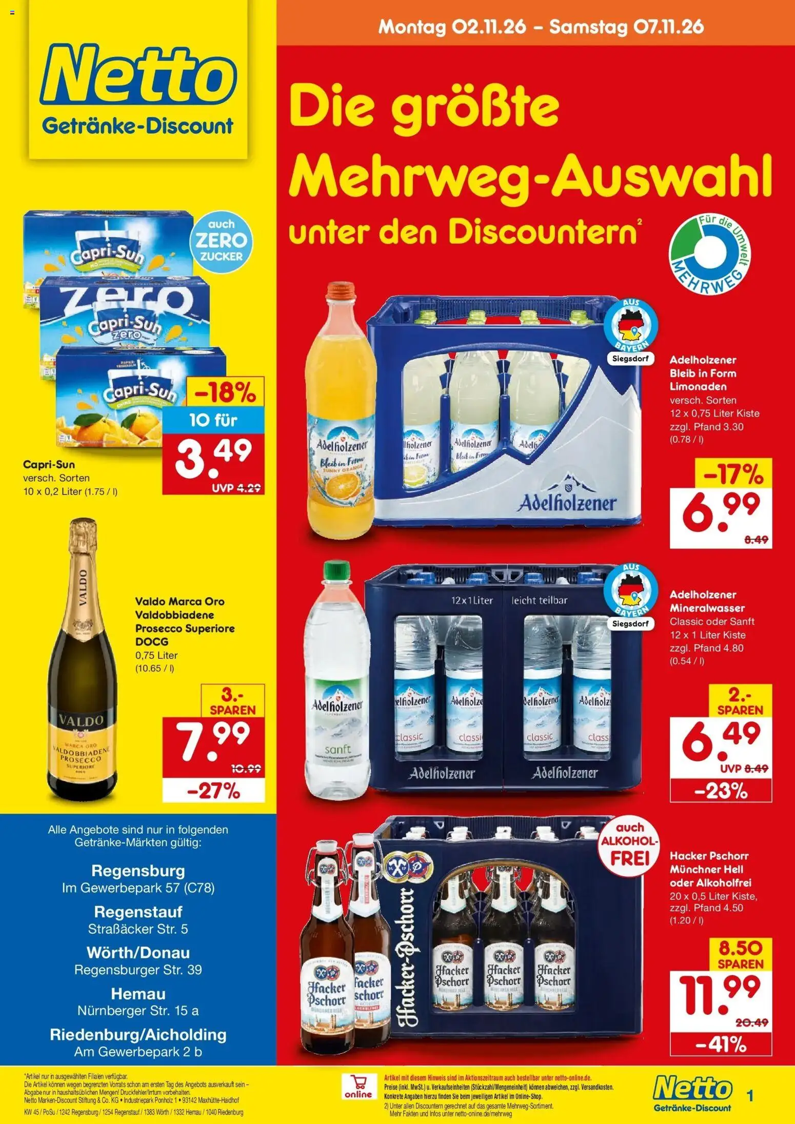 Vorschau von dem Prospekt des Geschäftes Netto Marken-Discount, gültig ab dem 02.11.2026 - Mineralwasser, Alkohol, Prosecco, Zucker, Adelholzener