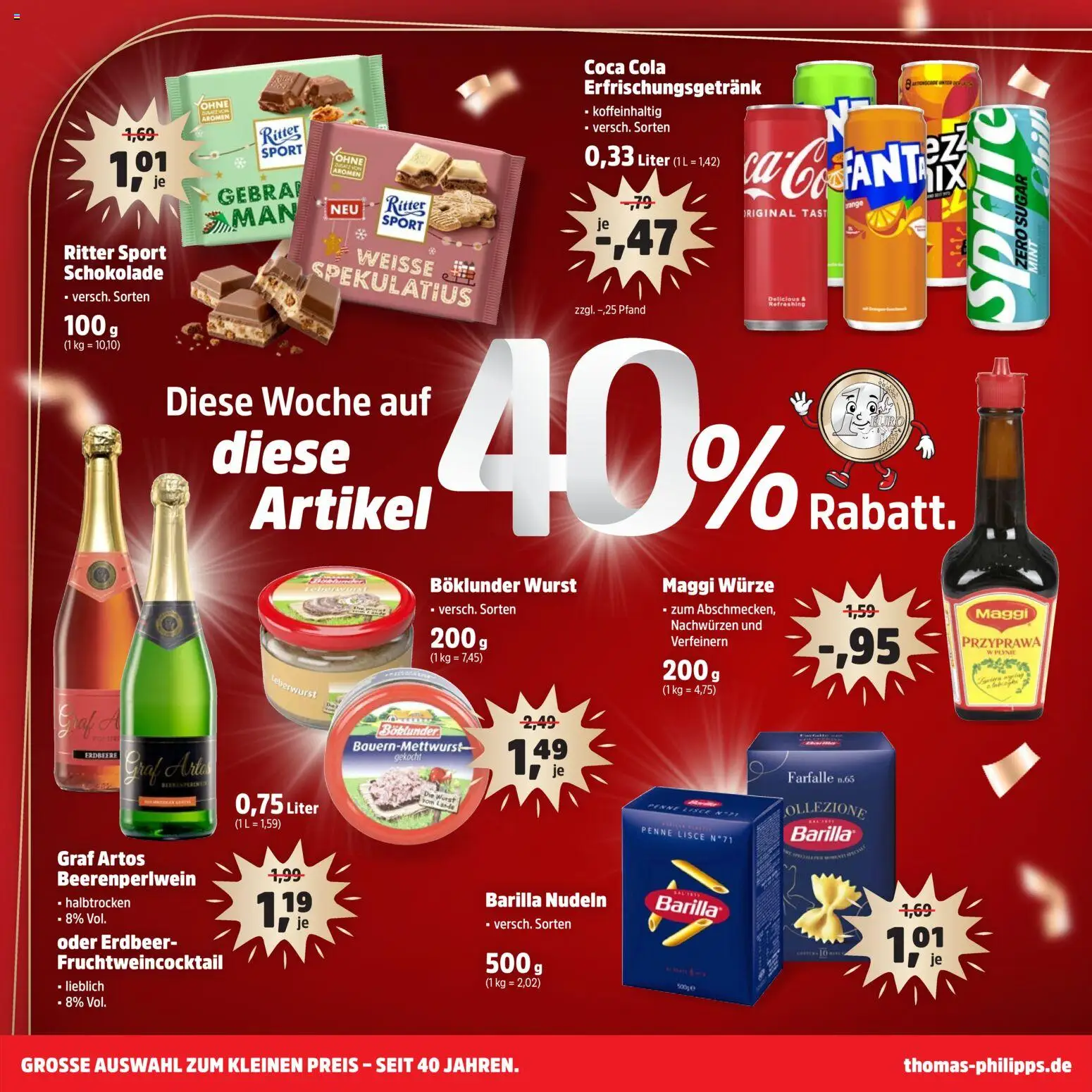 Vorschau von dem Prospekt des Geschäftes Thomas Philipps, gültig ab dem 02.11.2026 - Schokolade, Coca cola, Wurst, Cola, Maggi, Nudeln, Ritter sport, Barilla