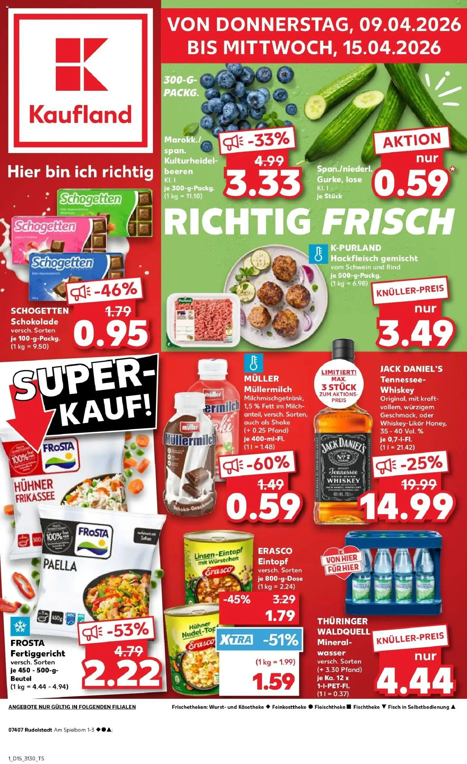 Vorschau von dem Prospekt des Geschäftes Kaufland, gültig ab dem 08.04.2026 - Wasser, Schokolade, Mineralwasser, Milch, Hackfleisch, Whiskey, Schogetten, Jack Daniel's
