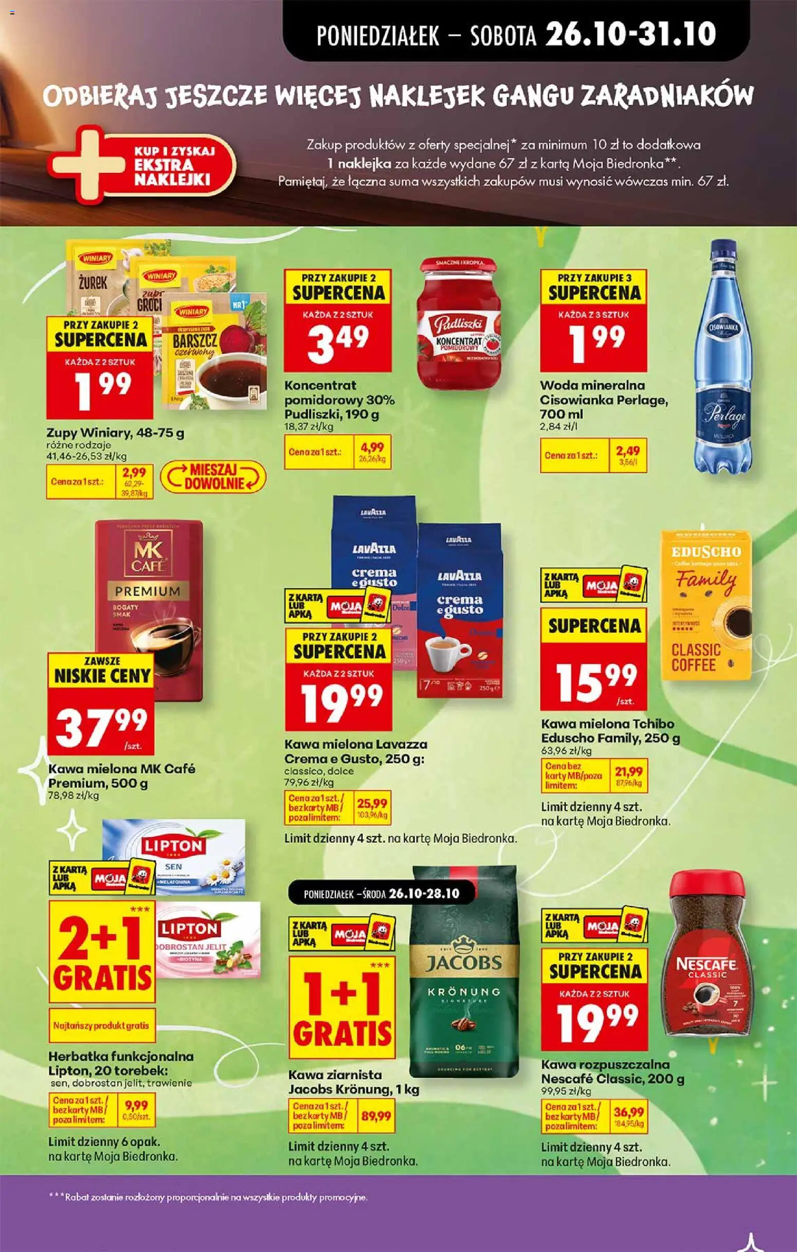 Pogląd gazetki "Biedronka gazetka - Gang zaradniaków" ze sklepu Biedronka ważnej od 26.10.2026 - Tchibo, Zurek, Lavazza, Kawa rozpuszczalna, Karta, Cisowianka, Koncentrat pomidorowy, MK Cafe Crema