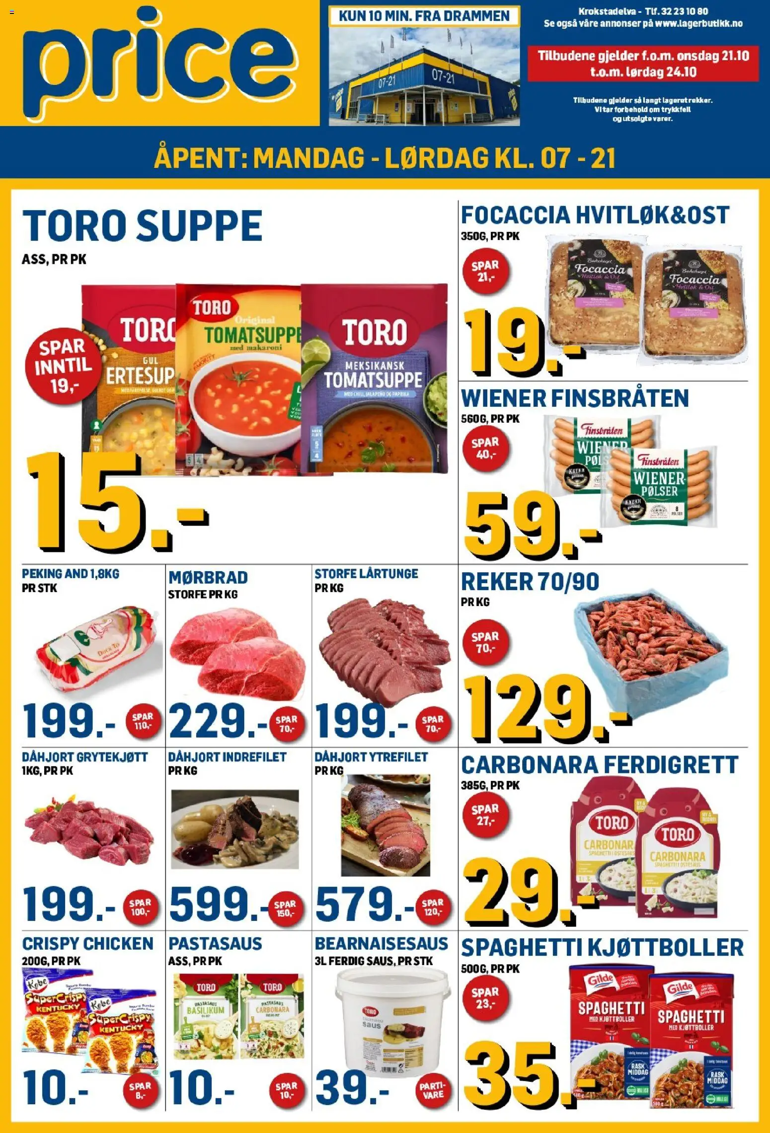 Forhåndsvis Price Lagerbutikk kundeavis fra butikk Price Lagerbutikk gyldig fra 21/10/2026 - And, Pølser, Pastasaus, Reker, Saus, Spaghetti, Tomatsuppe, Focaccia
