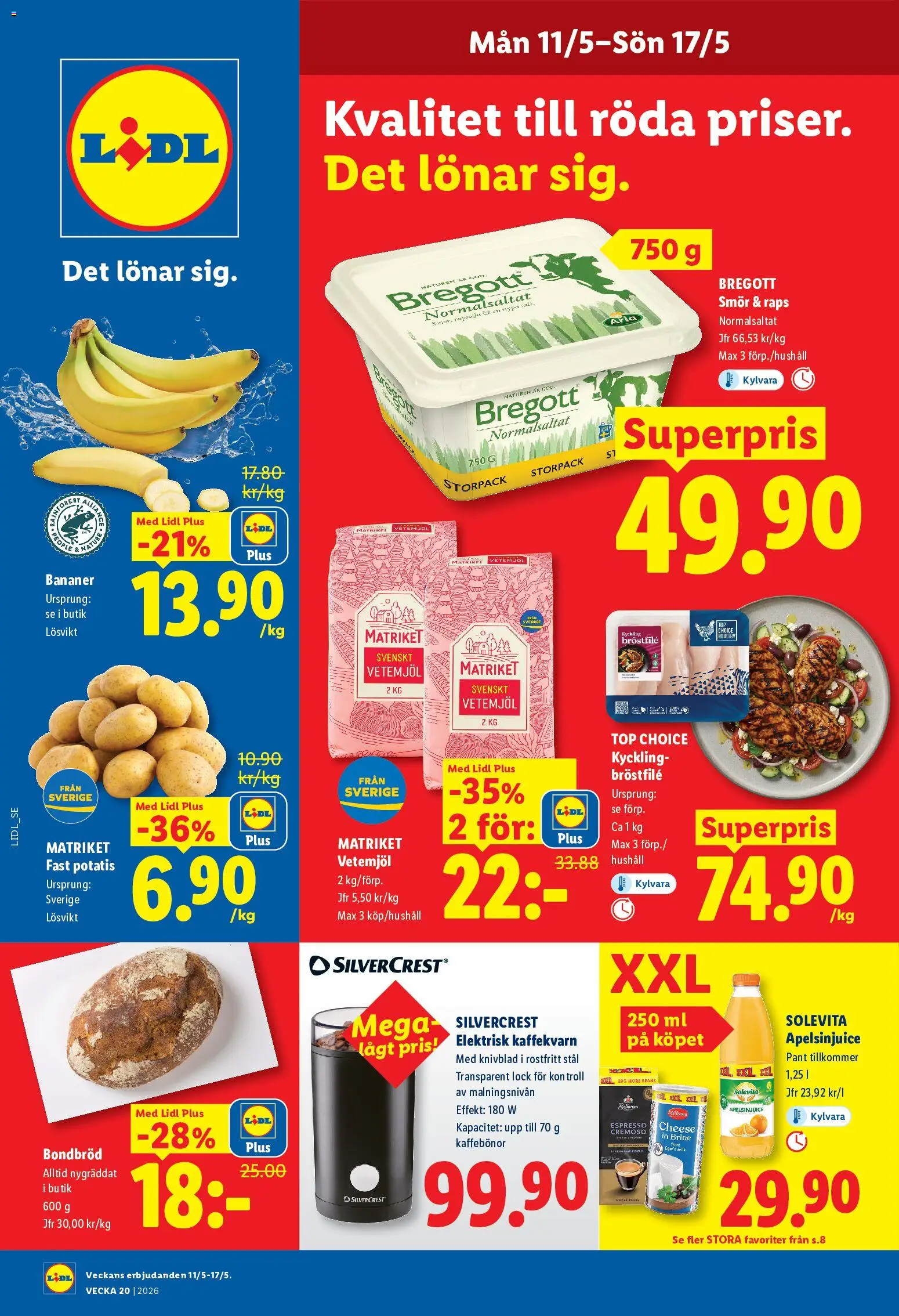 Förhandsgranska reklamblad Lidl erbjudanden från butik Lidl gäller från 11/05/2026 - Smör, Potatis, Kaffebönor, Rapsolja, Lock, Vetemjöl, Apelsinjuice, Kyckling