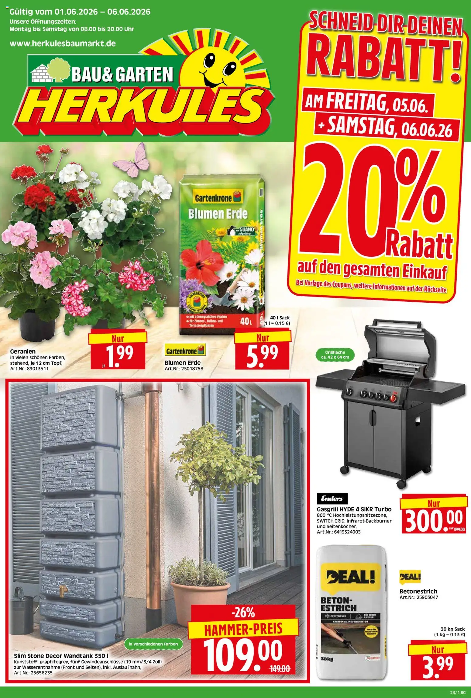 Vorschau von dem Prospekt des Geschäftes HERKULES, gültig ab dem 01.06.2026 - Blumen, Uhr, Geranien, Flocken