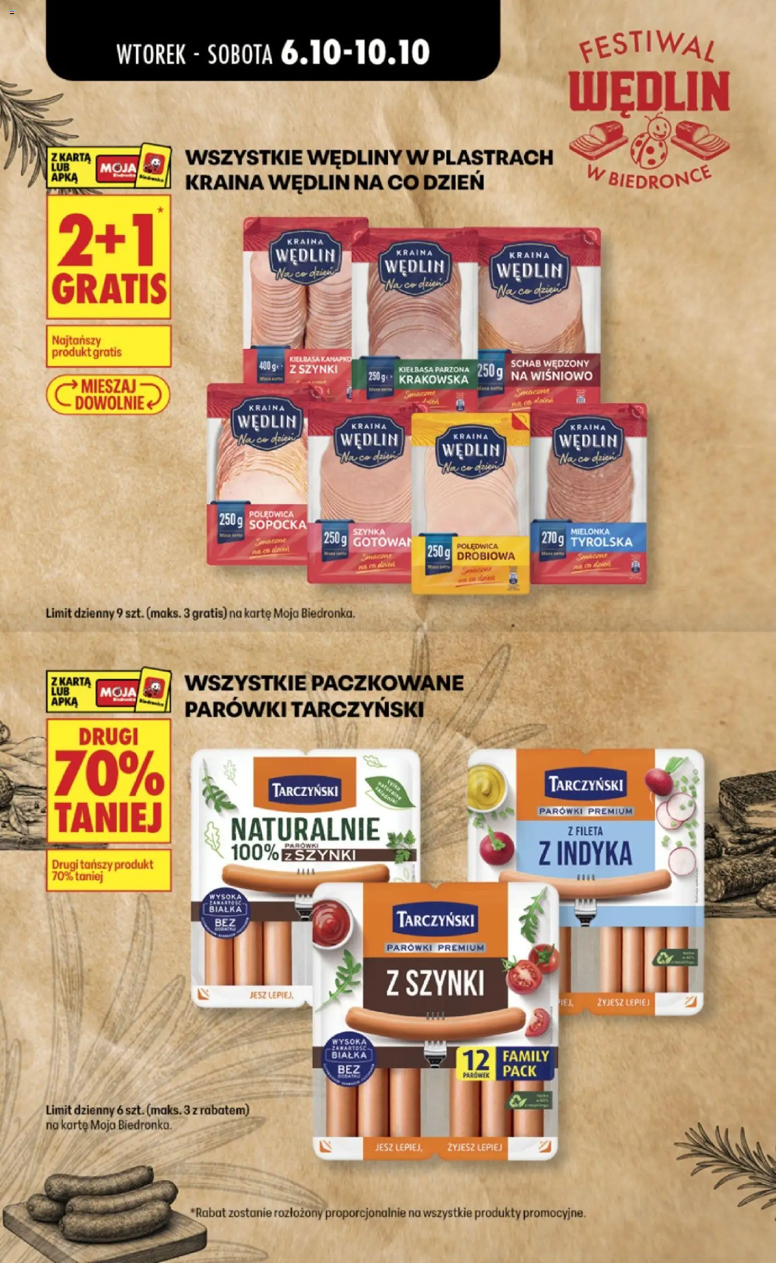 Pogląd gazetki "Biedronka gazetka - Festiwal wędlin" ze sklepu Biedronka ważnej od 06.10.2026 - Schab, Wędliny, Kiełbasa, Karta, Parówki, Polędwica sopocka, Parówki tarczyński, Mielonka tyrolska