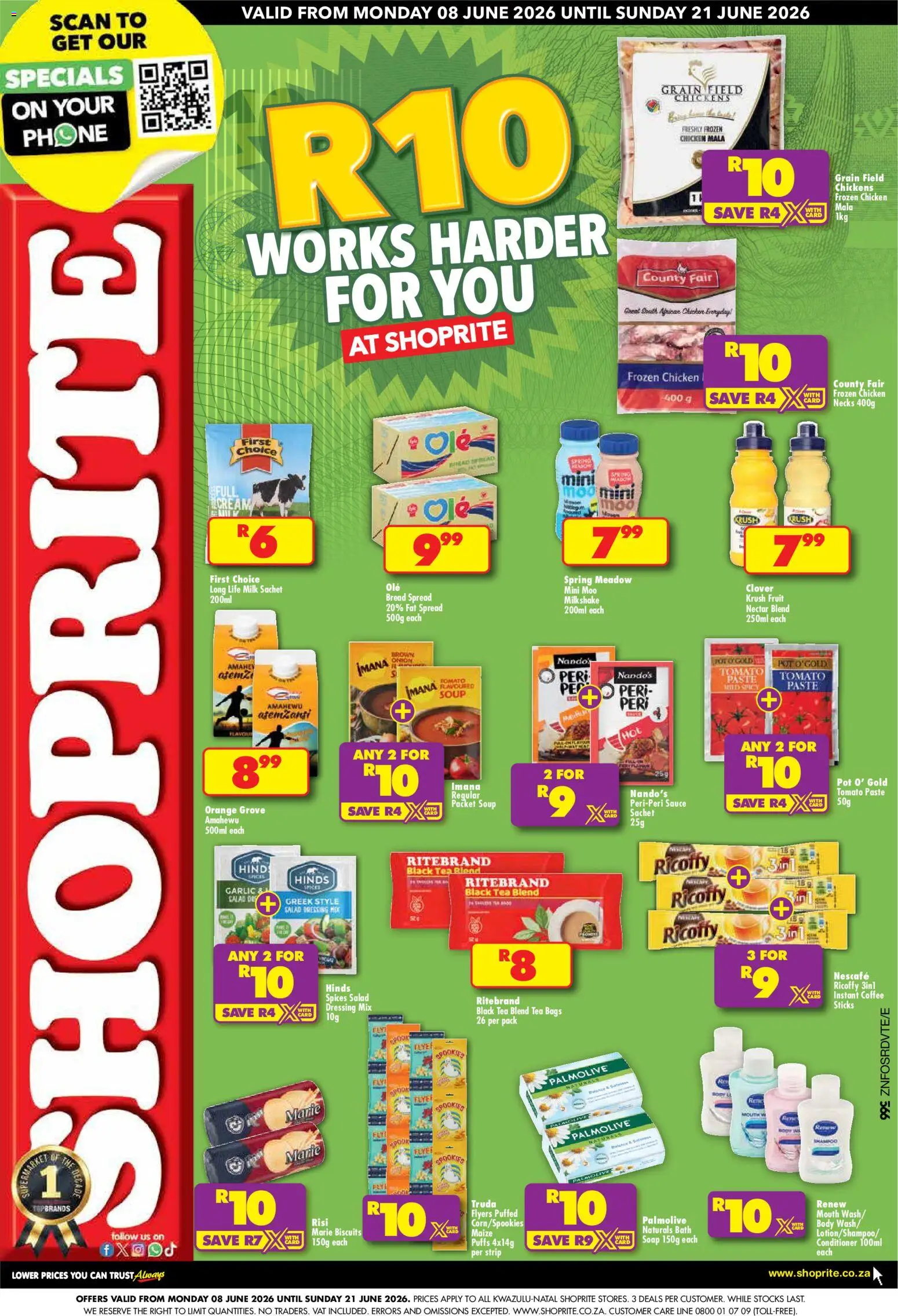 Preview of Shoprite flyer valid from 08/06/2026 - Coffee, Phone, Chicken, Soap, Bath, Dressing, Black Tea, Instant coffee