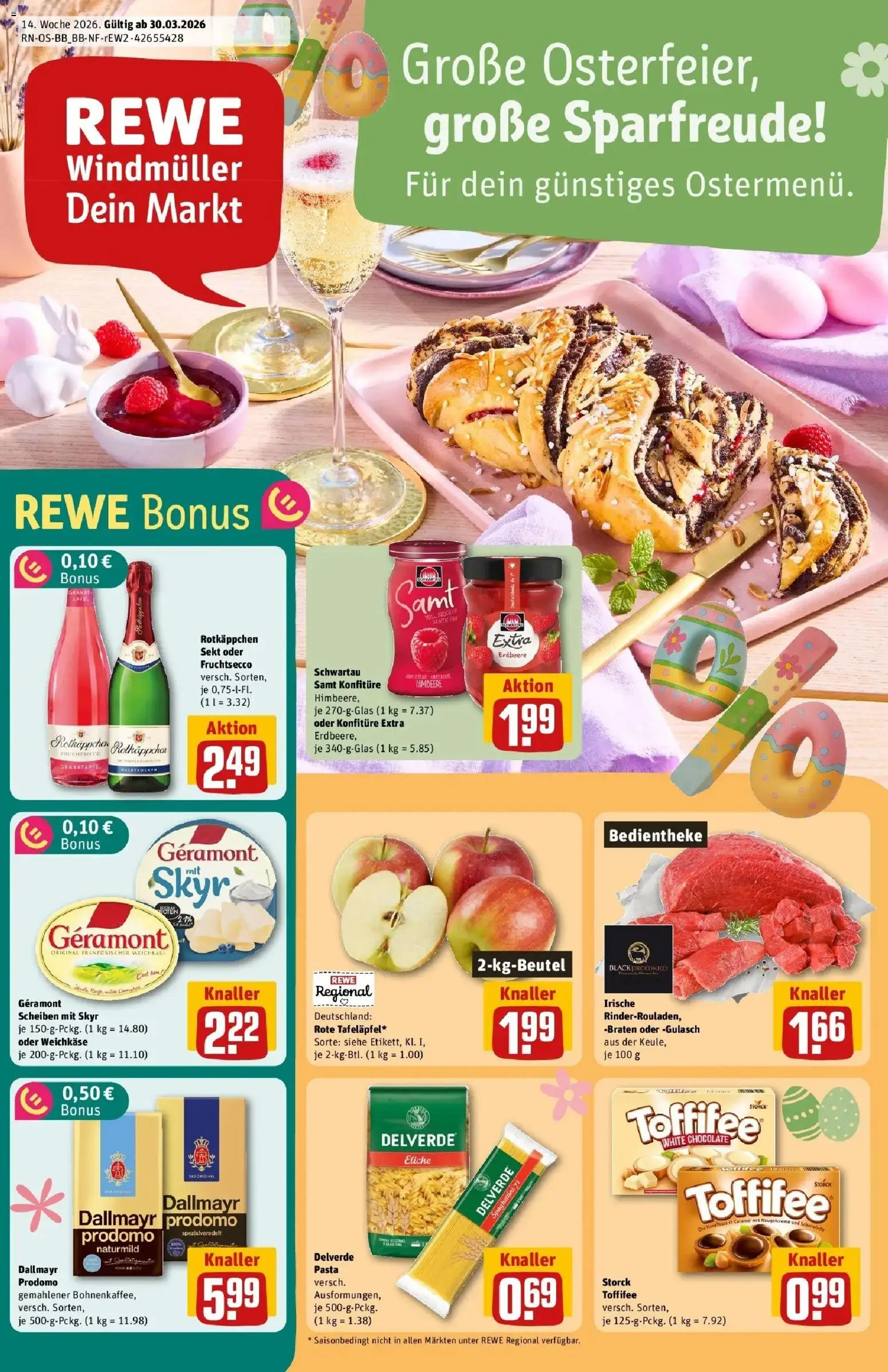 Vorschau von dem Prospekt des Geschäftes Rewe, gültig ab dem 30.03.2026 - Pasta, Äpfel, Gulasch, Skyr, Rotkäppchen, Fruchtsecco, Schwartau samt, Rotkappchen sekt