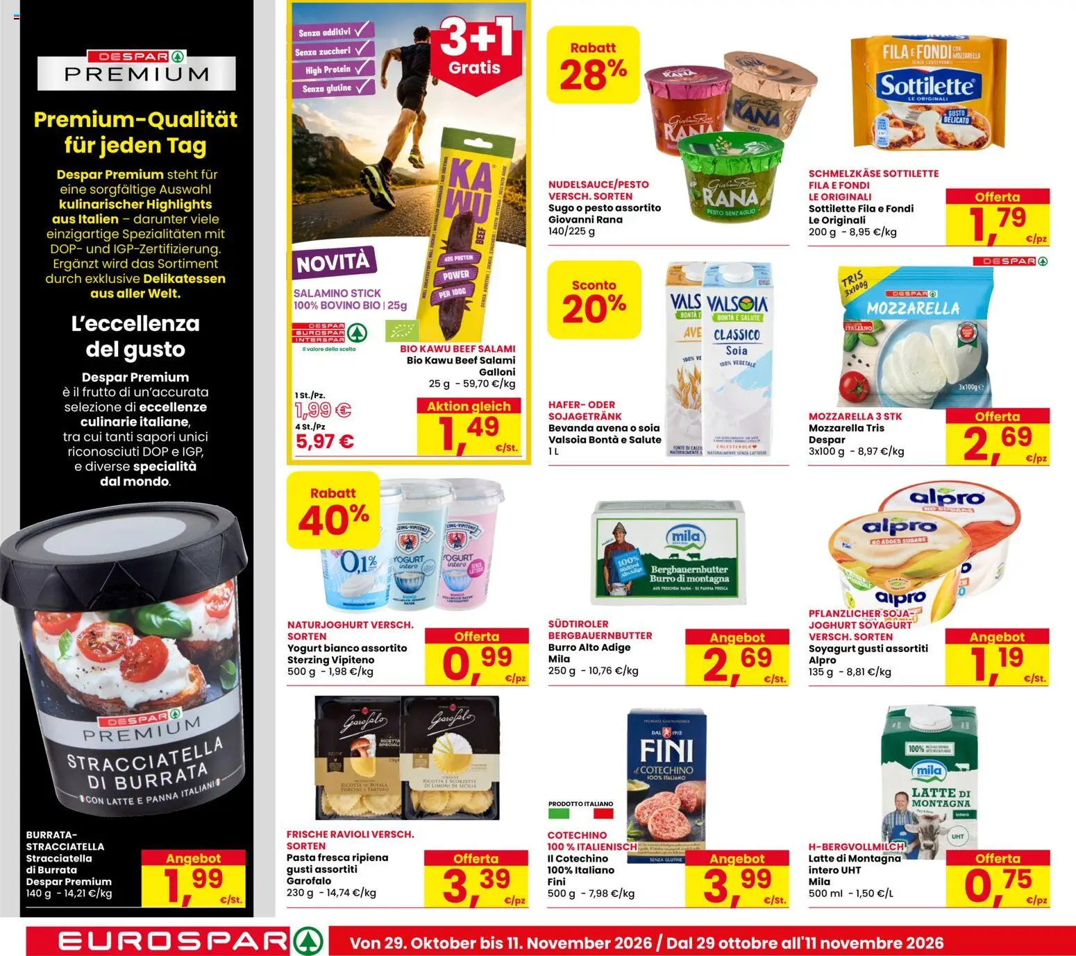 Anteprima dell'opuscolo Eurospar volantino Bolzano dal negozio Eurospar valido da 29/10/2026 - Latte, Limone, Ravioli, Pesto, Bovino, Burro, Yogurt bianco, Specialità