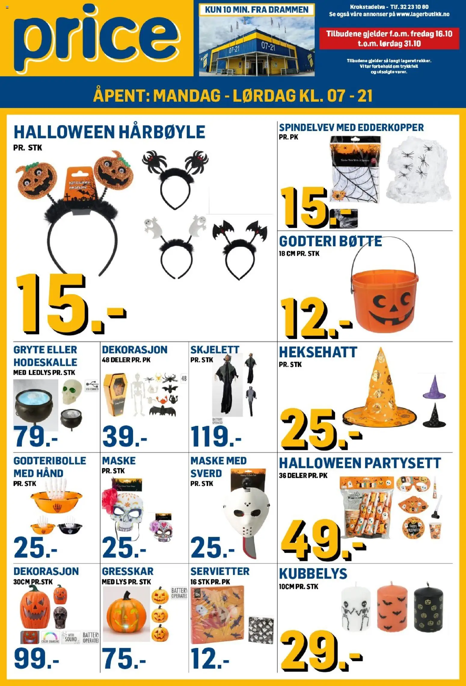 Forhåndsvis Price Lagerbutikk kundeavis fra butikk Price Lagerbutikk gyldig fra 16/10/2026 - Godteri, Gresskar, Lys, Servietter, Maske