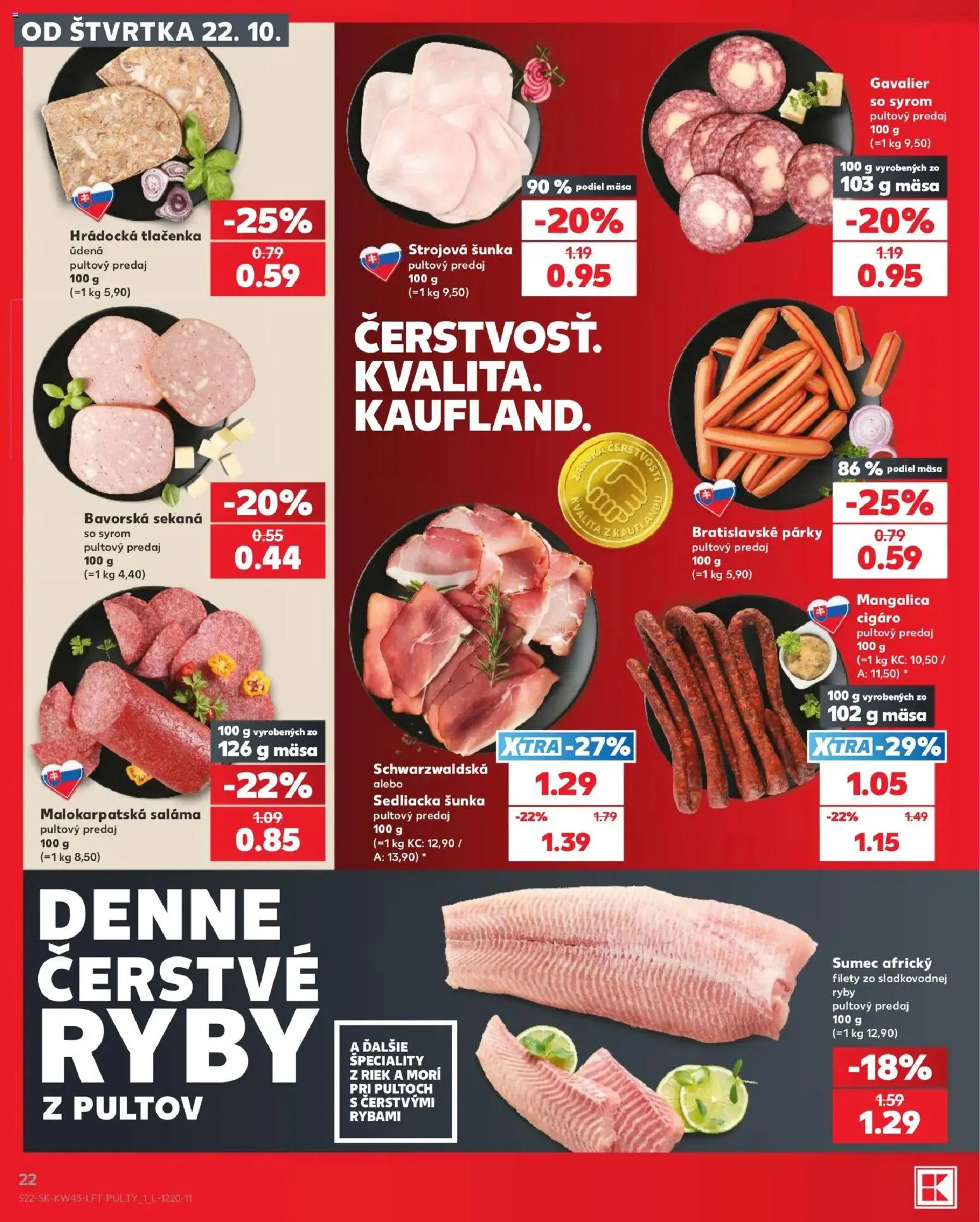 Náhľad Kaufland letáku platného od 22.10.2026 - Ryby, Šunka, Párky, Tlačenka, Saláma, Špeciality