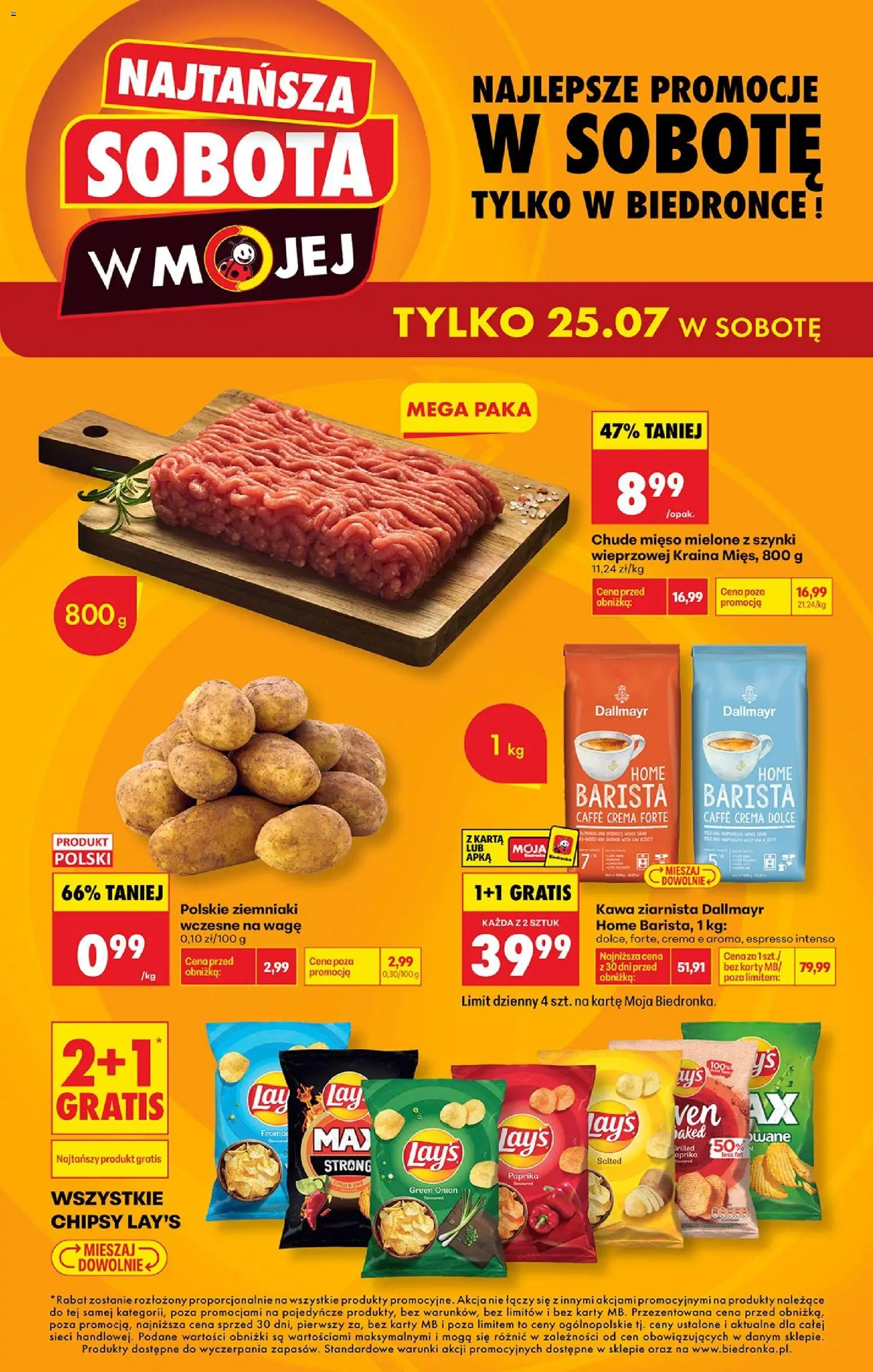Pogląd gazetki "Biedronka gazetka - Najtańsza sobota" ze sklepu Biedronka ważnej od 25.07.2026 - Kawa, Mięso, Ziemniaki, Karta, Mięso mielone, Kawa ziarnista Dallmayr, Mięso mielone z szynki, Chude mieso mielone z szynki