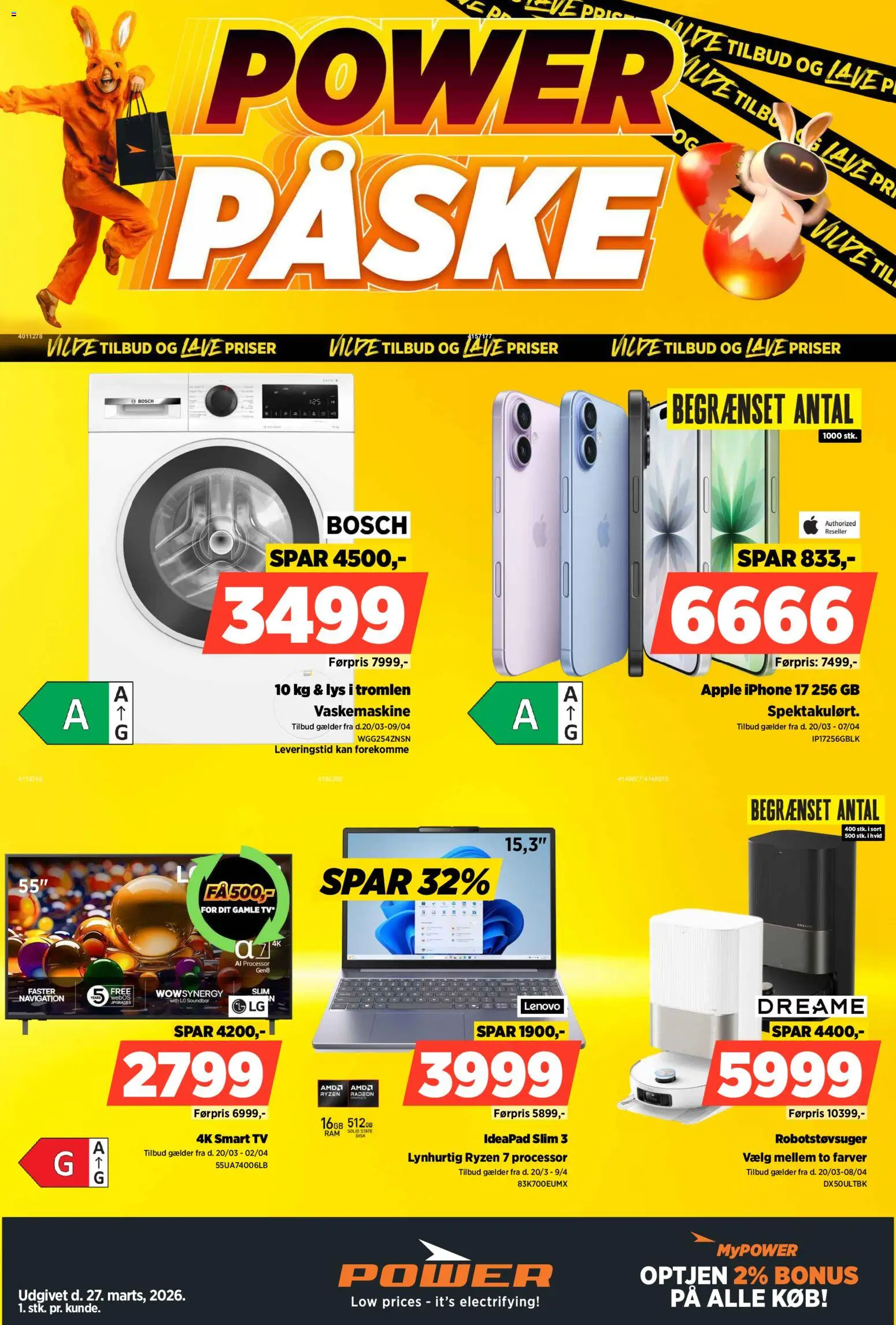 Eksempel på tilbudsavis Power - Påske fra butik Power gyldig fra 01/04/2026 - TV, Vaskemaskine, Robotstøvsuger, Smart TV, Soundbar, Navigation, Processor
