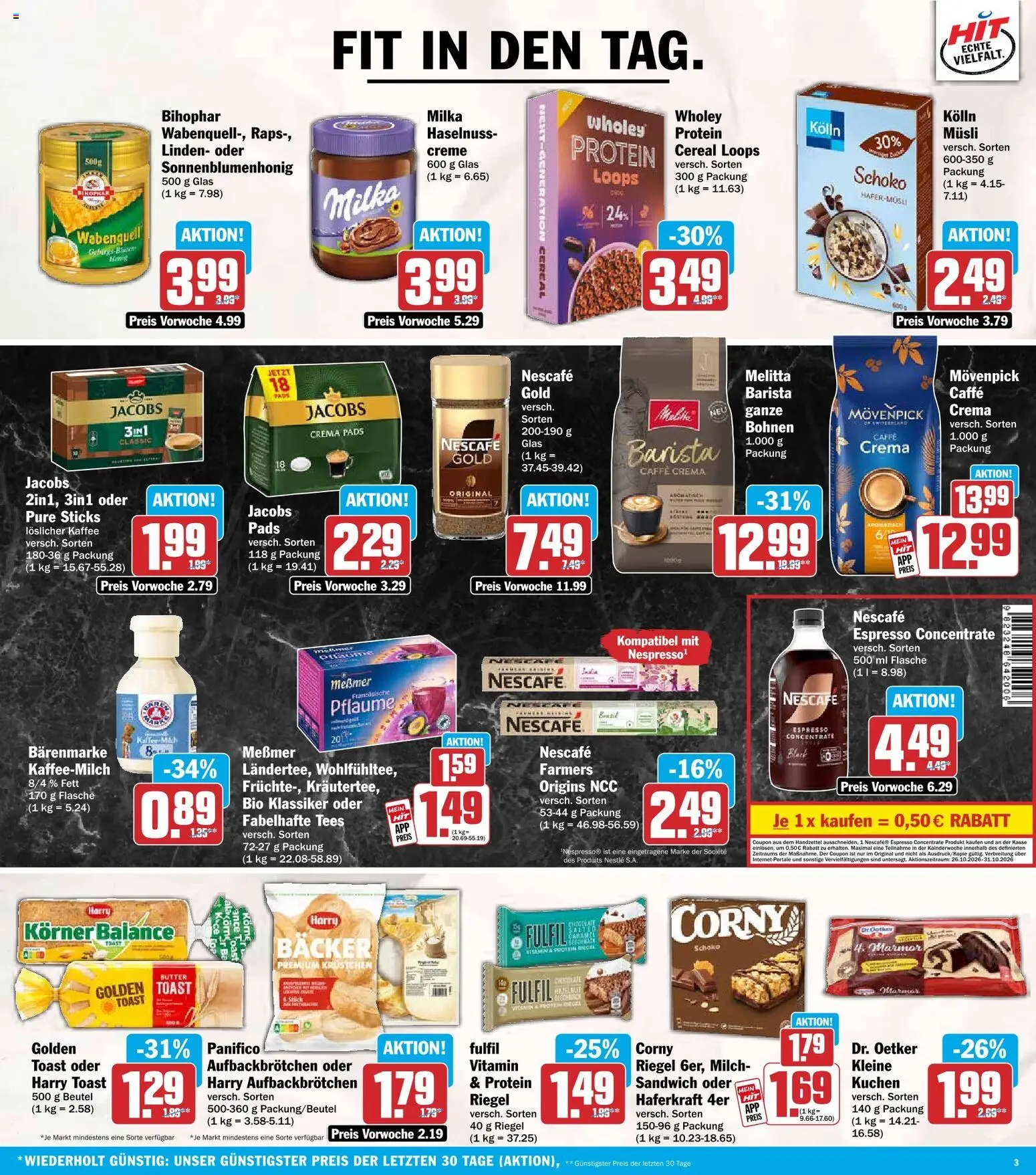 Vorschau von dem Prospekt des Geschäftes HIT, gültig ab dem 26.10.2026 - Kuchen, Butter, Milch, Milka, Melitta, Nescafe, Creme, Kolln