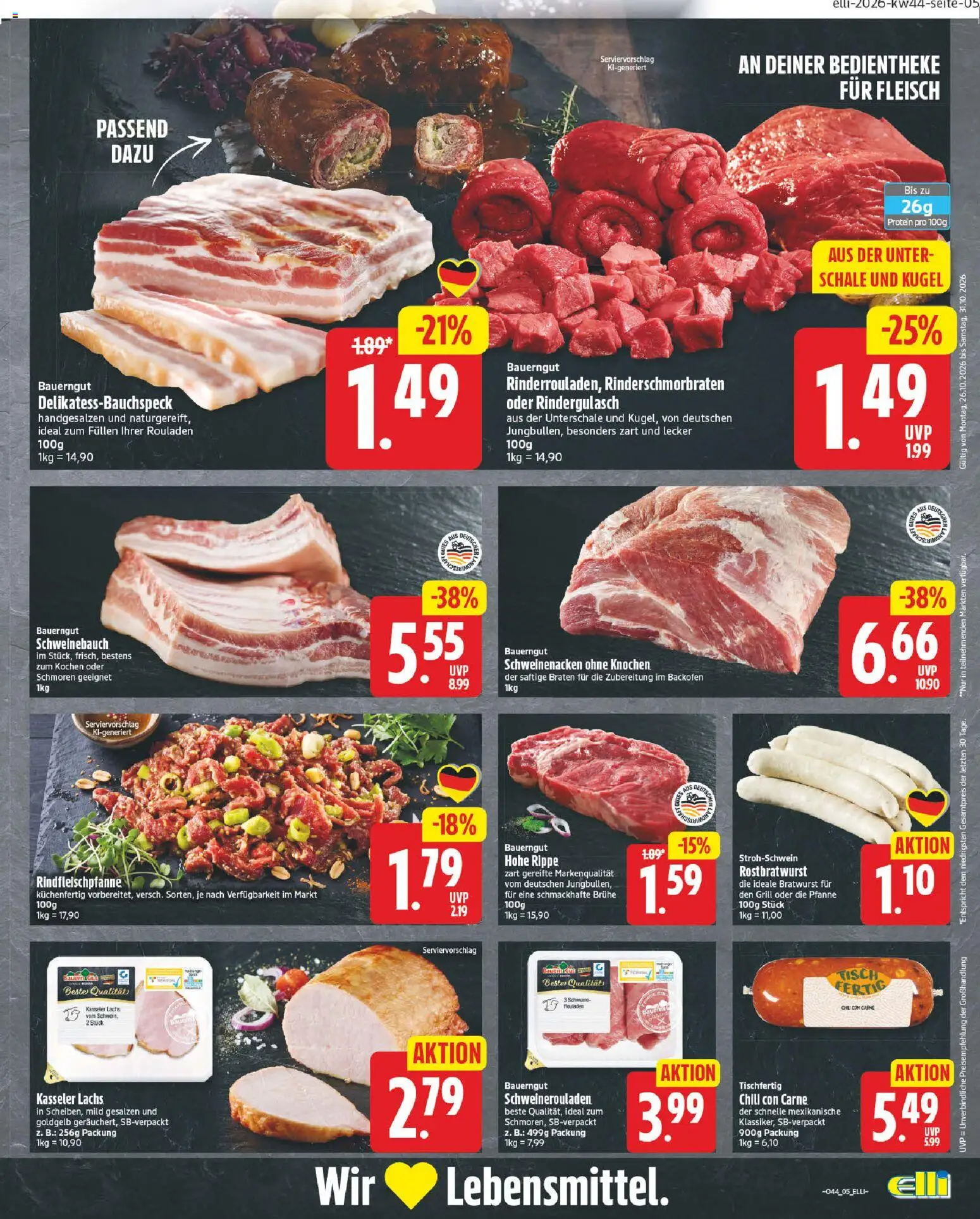 Vorschau von dem Prospekt des Geschäftes Elli Markt, gültig ab dem 26.10.2026 - Grill, Bratwurst, Lachs, Fleisch, Rindergulasch, Schweinebauch, Brühe, Schweinenacken ohne Knochen