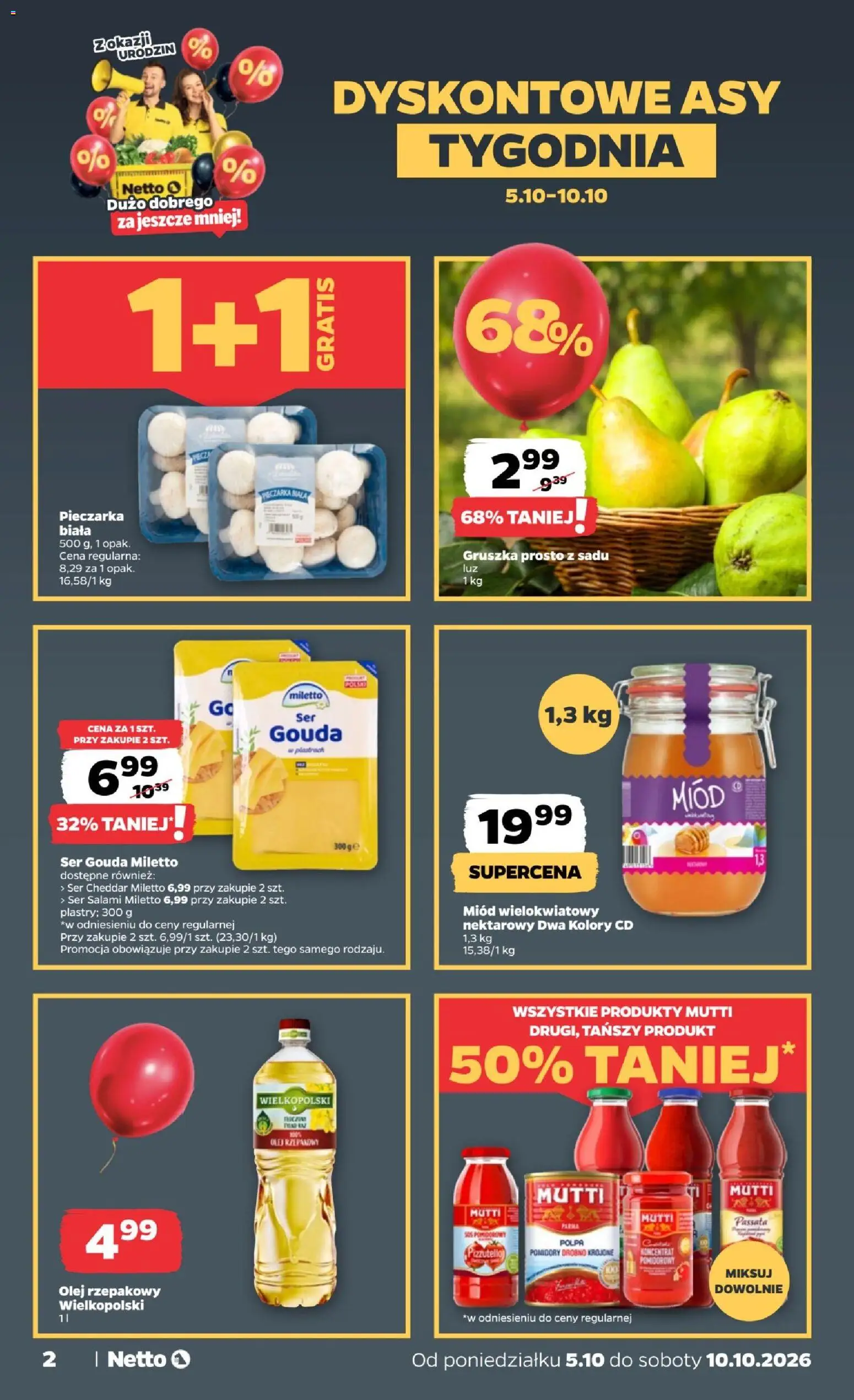 Pogląd gazetki "Netto gazetka od poniedziałku" ze sklepu Netto ważnej od 05.10.2026 - Miód, Gruszka, Olej, Olej rzepakowy, Pomidory, Cheddar, Passata, Ser gouda