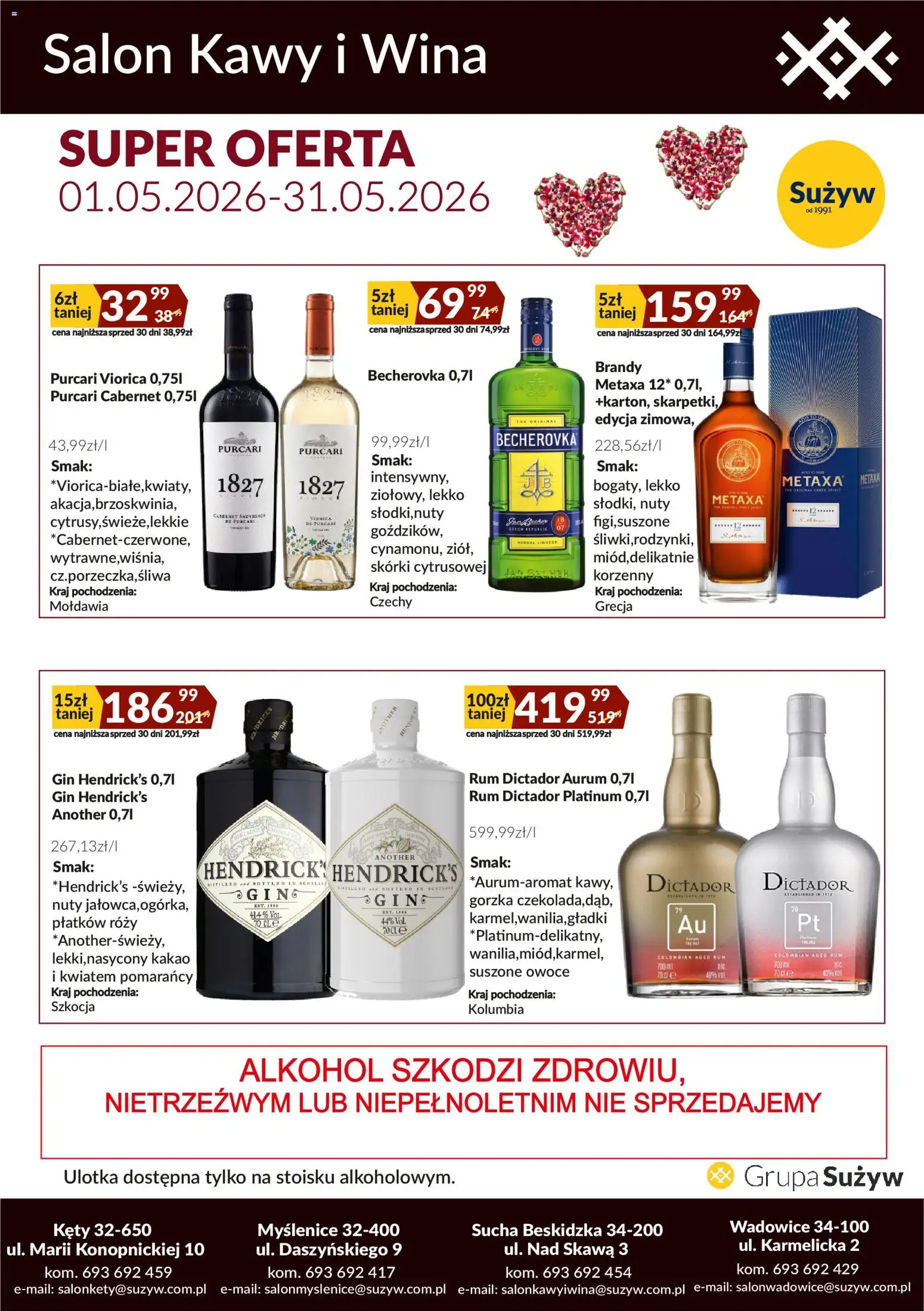 Pogląd gazetki "Sużyw gazetka - Salon kawy i wina" ze sklepu Sużyw ważnej od 01.05.2026 - Alkohol, Metaxa, Rum, Gin, Brandy, Becherovka, Suszone owoce, Gin Hendrick’s