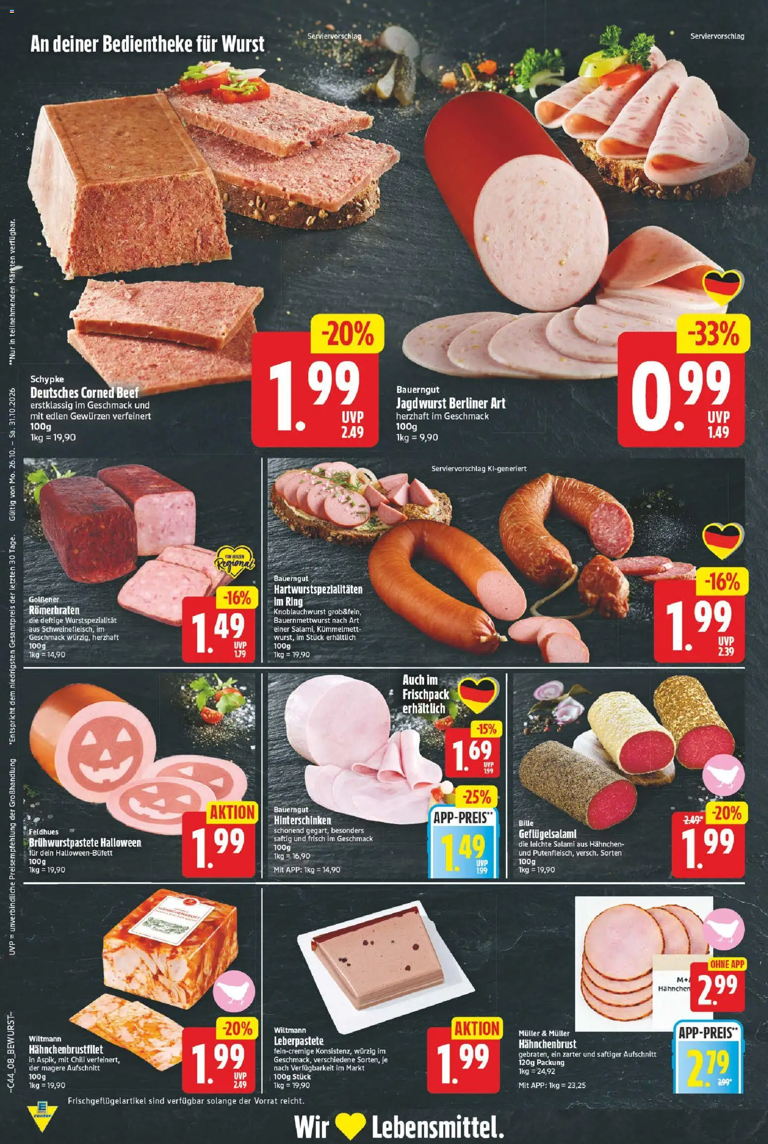 Vorschau von dem Prospekt des Geschäftes E center, gültig ab dem 26.10.2026 - Wurst, Berliner, Chili, Salami, Hahnchen, Bauerngut, Hahnchenbrust