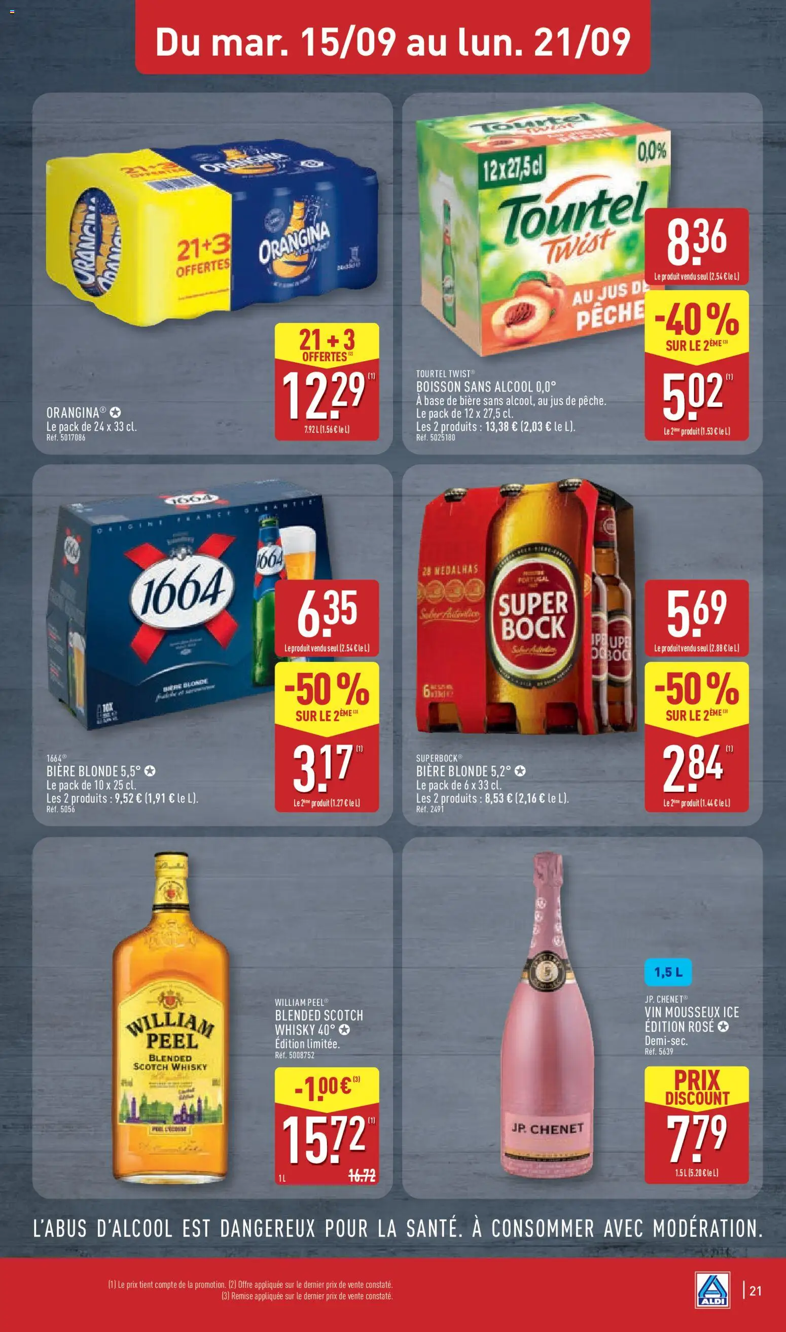 Prévisualisation de Aldi catalogue du magasin Aldi formulaire valide 15/09/2026 - Vin, Whisky, Pêche, Jus, William Peel, Super Bock, Alcool, Mousseux