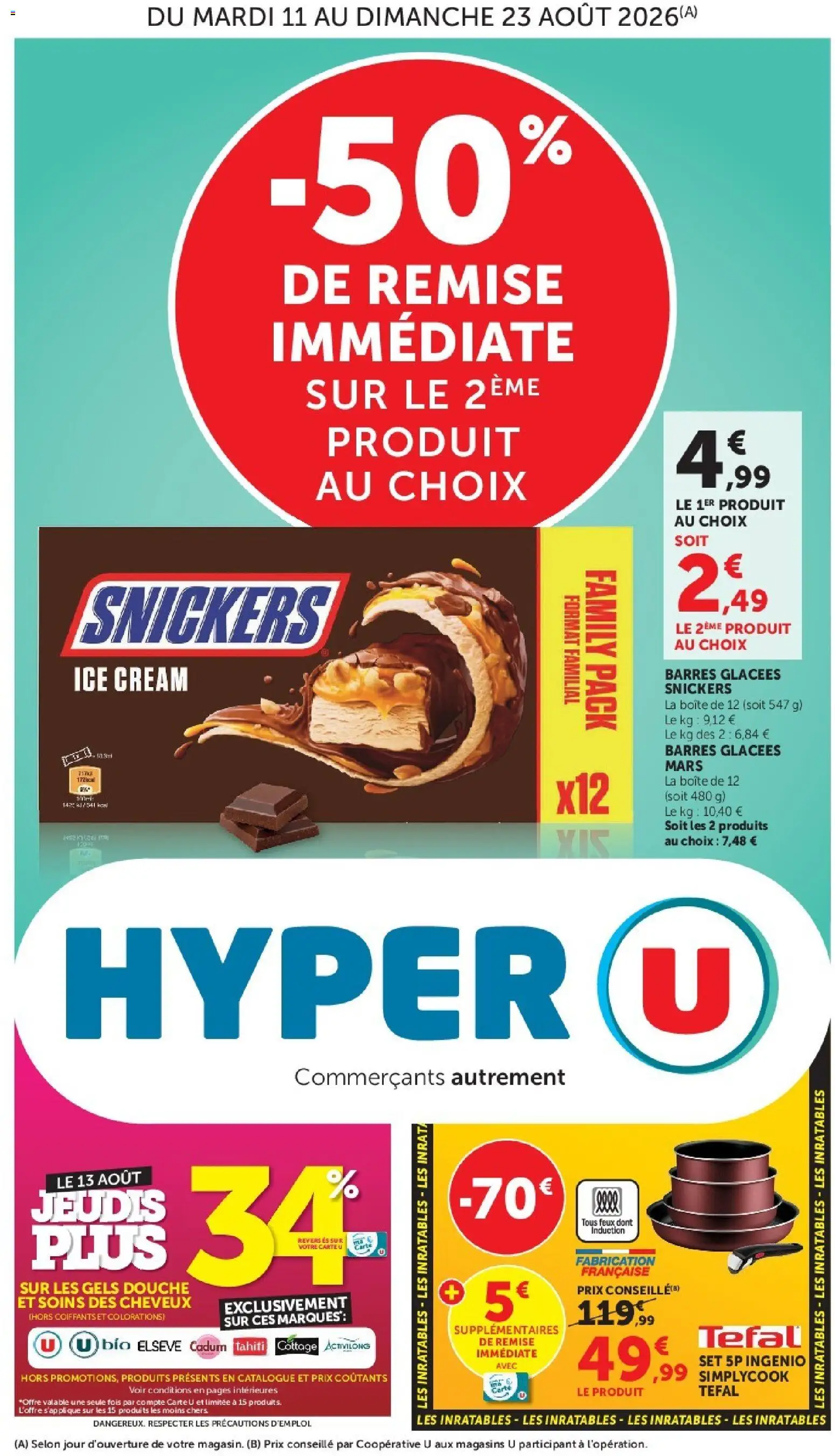 Prévisualisation de Hyper U catalogue du magasin Hyper U formulaire valide 11/08/2026 - Tefal, Douche, Snickers