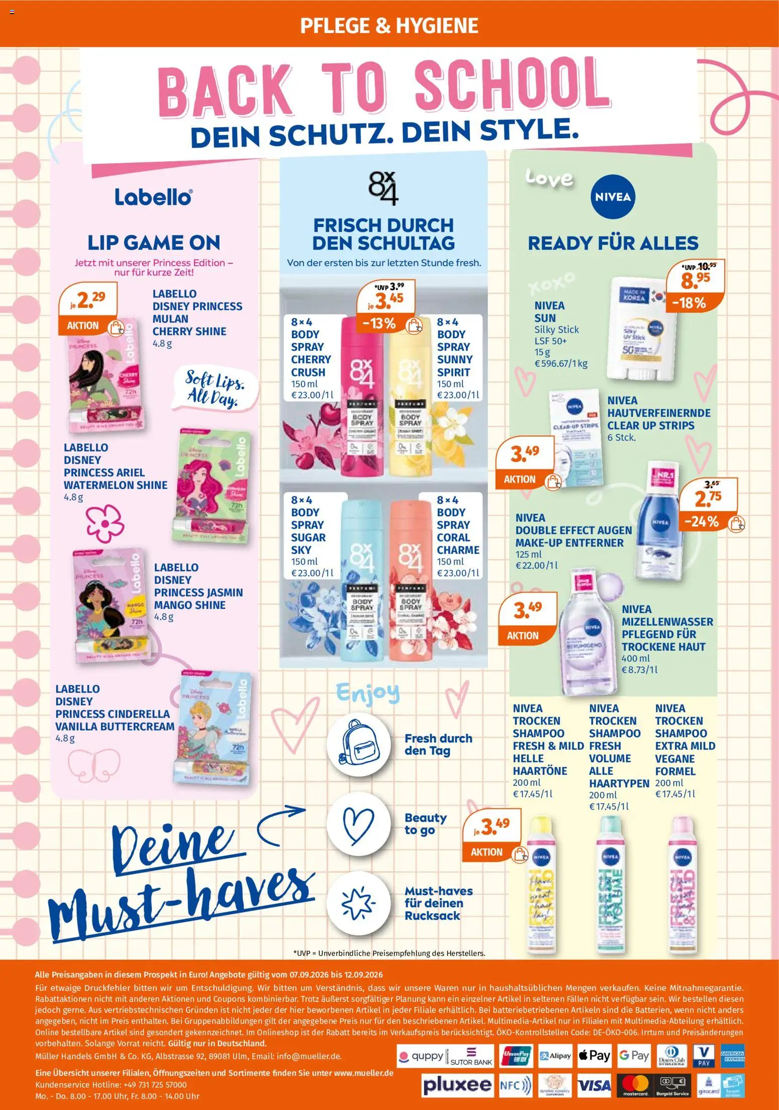 Vorschau von dem Prospekt des Geschäftes Müller, gültig ab dem 07.09.2026 - Mango, Uhr, Rucksack, Ariel, Shampoo, Mizellenwasser, Coral
