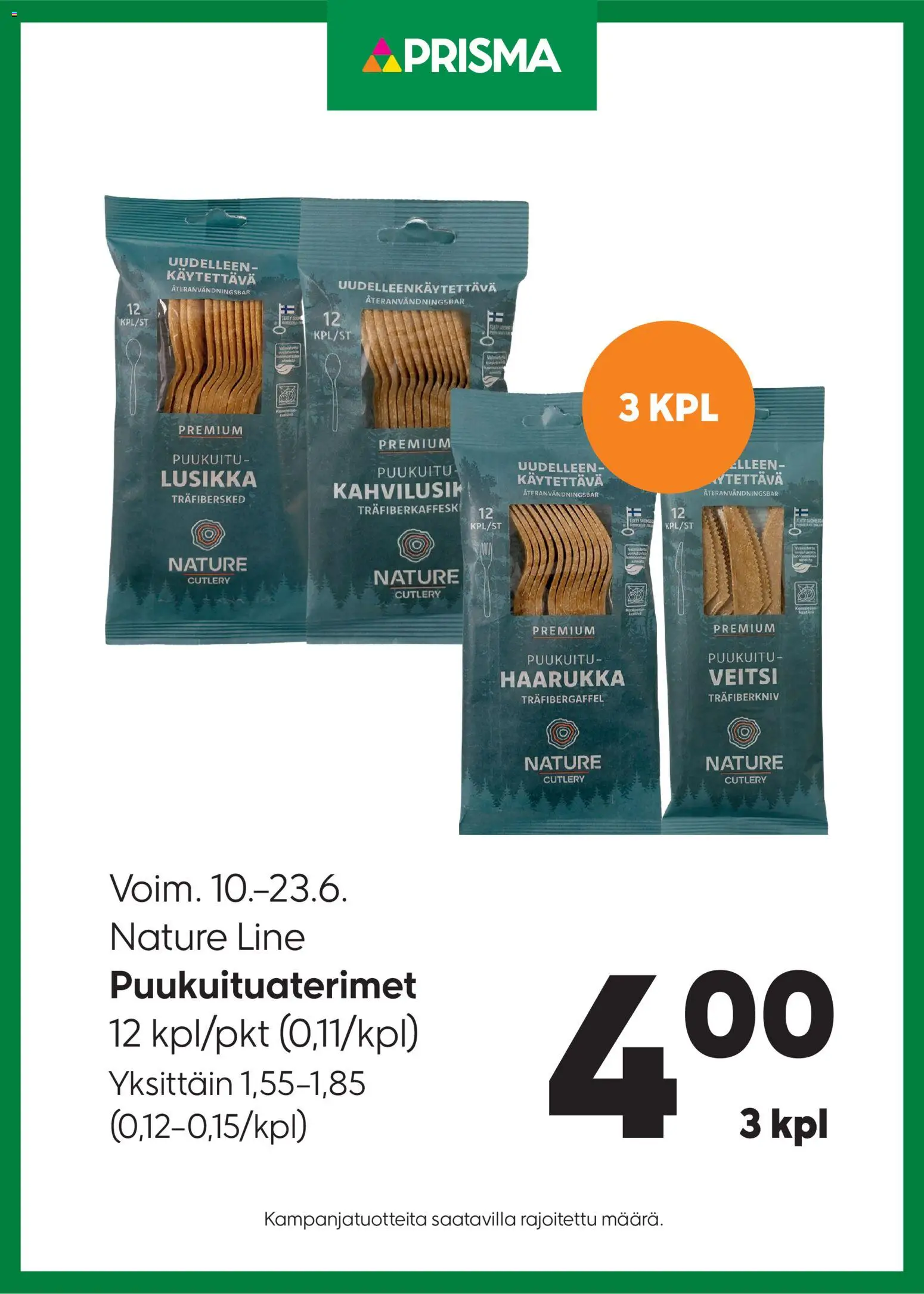 Kaupan Prisma Prisma tarjoukset Puukuituaterimet esikatselu, voimassa 10/06/2026 - Haarukka, Veitsi