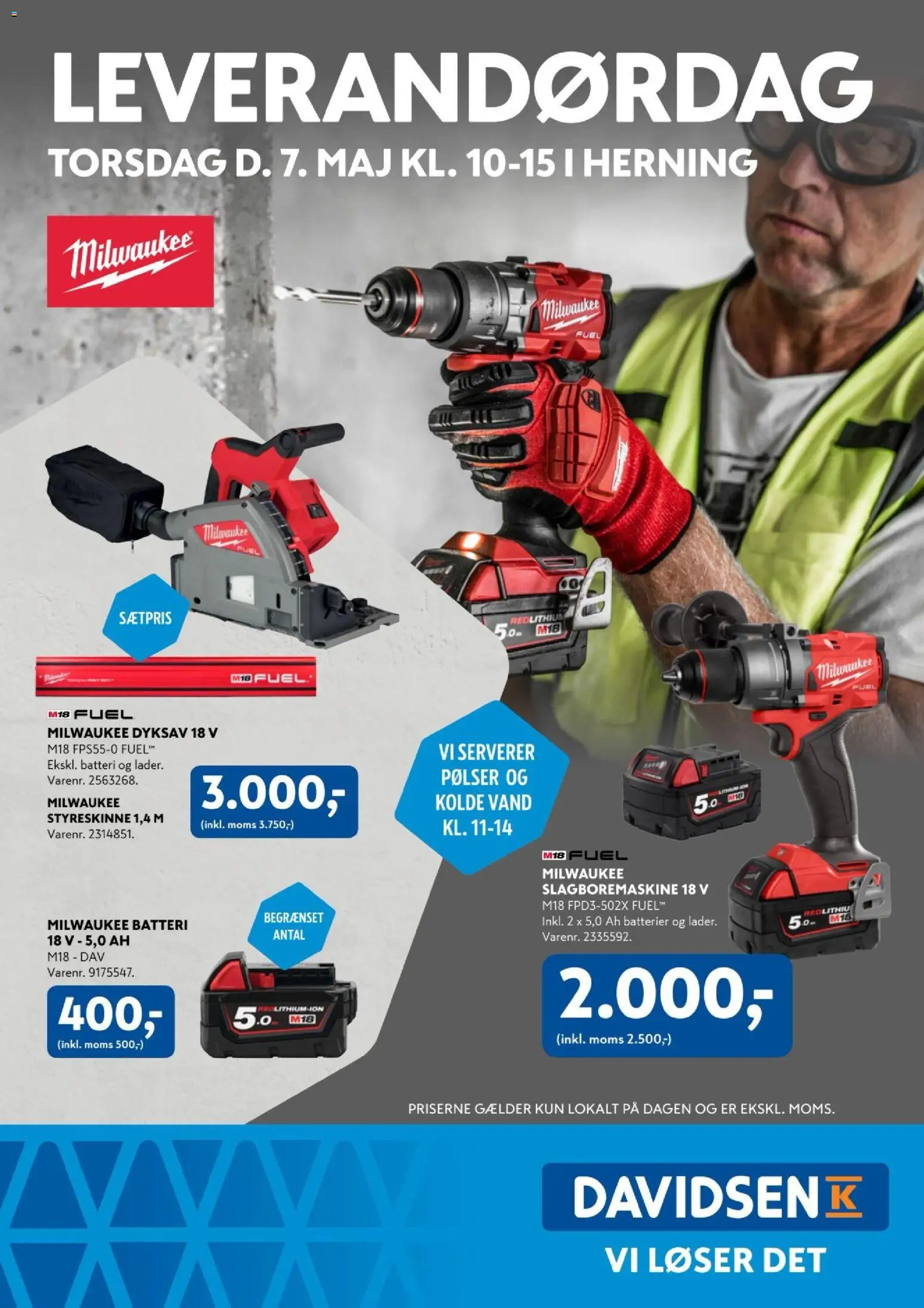 Eksempel på tilbudsavis Davidsen - Leverandørdag Milwaukee Herning fra butik Davidsen gyldig fra 07/05/2026 - Batteri, Batterier, Pølser