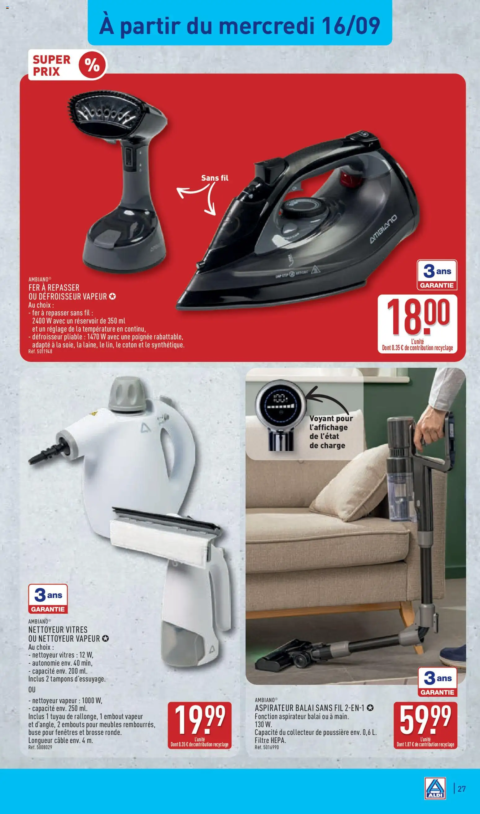 Prévisualisation de Aldi catalogue du magasin Aldi formulaire valide 15/09/2026 - Aspirateur, Aspirateur balai, Nettoyeur vapeur, Balai, Tuyau, Brosse, Câble, Fer à repasser sans fil