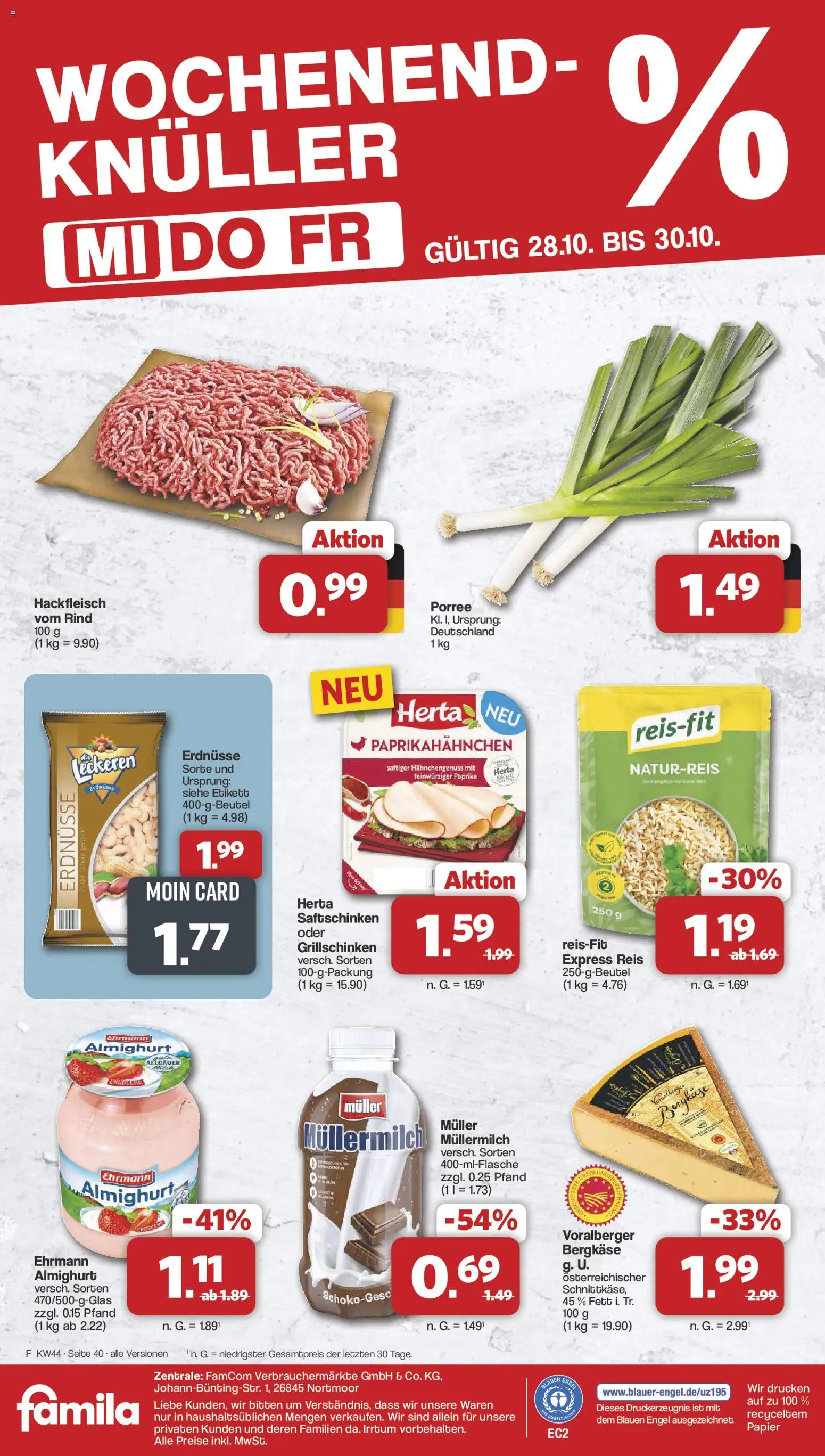 Vorschau von dem Prospekt des Geschäftes Famila Nordwest, gültig ab dem 26.10.2026 - Hackfleisch, Paprika, Reis, Erdnüsse, Müllermilch, Ehrmann almighurt, Muller mullermilch