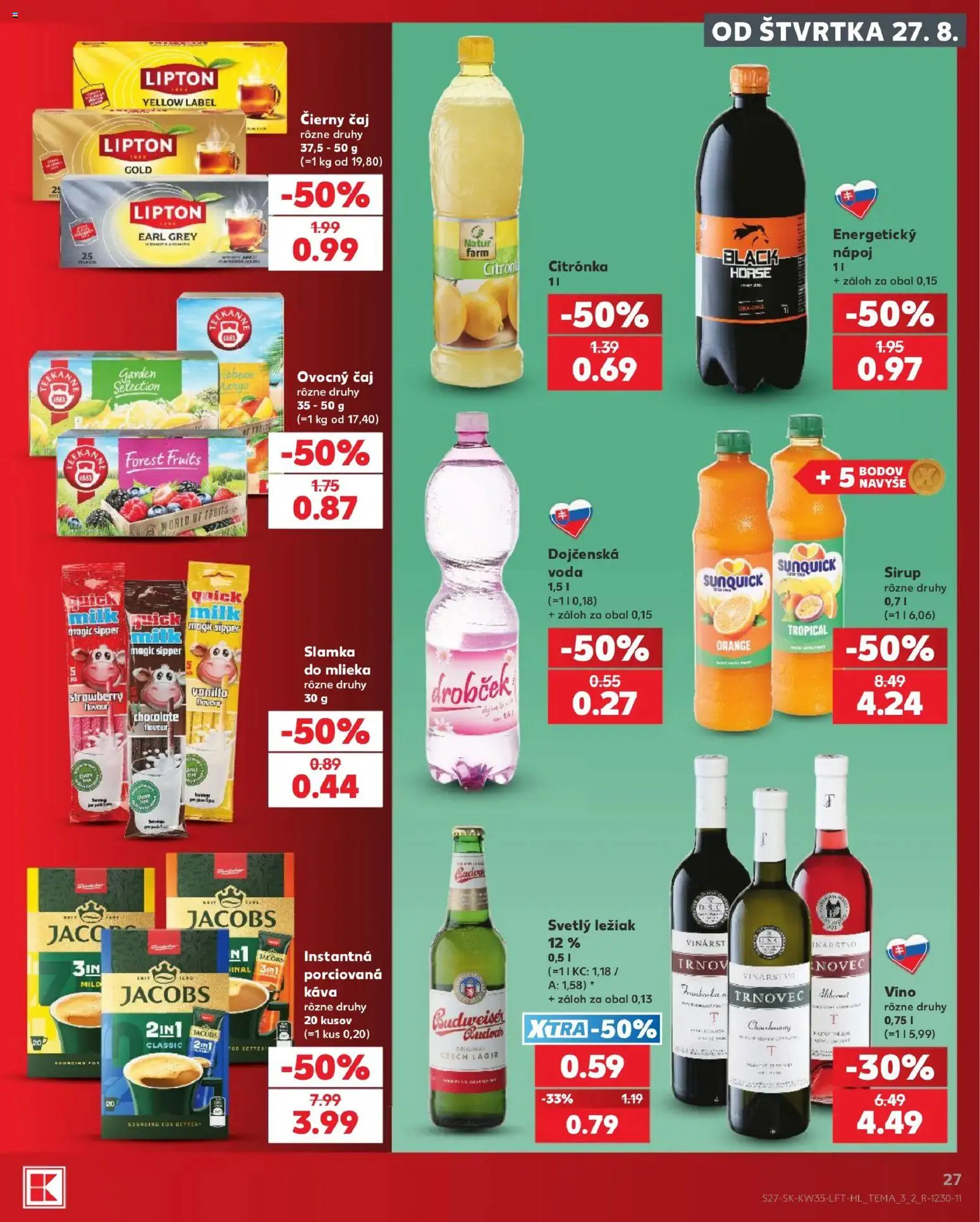 Náhľad Kaufland letáku platného od 27.08.2026 - Voda, Víno, Čaj, Sirup, Čierny čaj, Sunquick, Dojčenská voda, Ovocný čaj