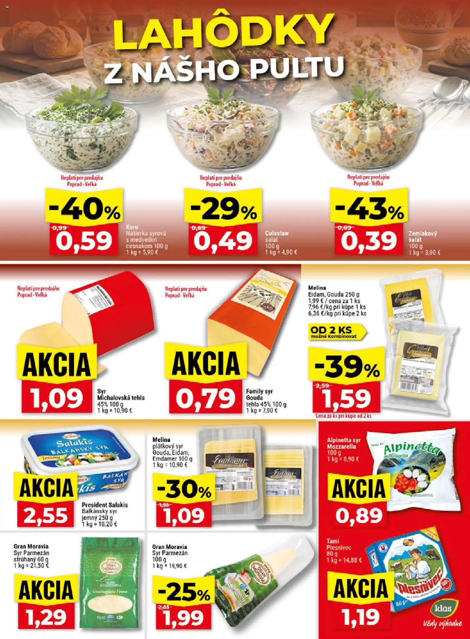 Náhľad Klas letáku platného od 26.10.2026 - Syr, Šalát, Mozzarella, Parmezán, Nátierka, Gouda, Balkánsky syr, Plátkový syr