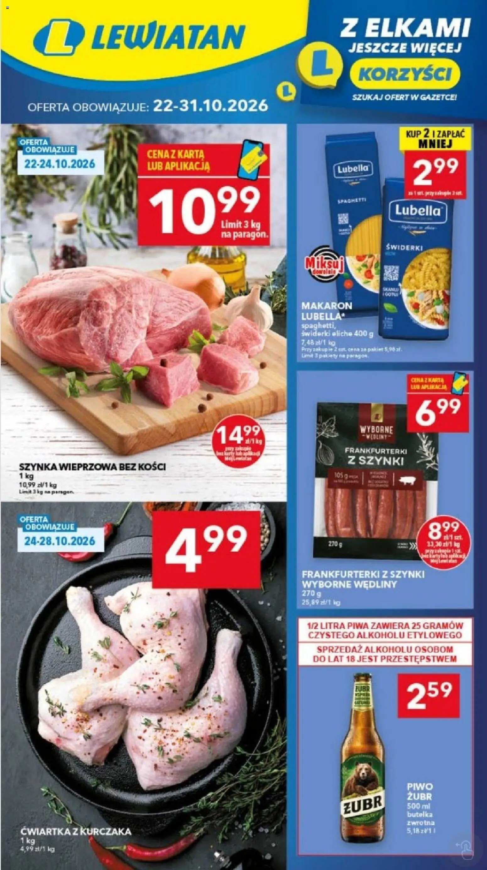 Pogląd gazetki "Lewiatan gazetka - Gdańsk" ze sklepu Lewiatan ważnej od 22.10.2026 - Piwo, Spaghetti, Karta, Frankfurterki, Szynka, Ćwiartka z kurczaka, Szynka wieprzowa, Piwo żubr