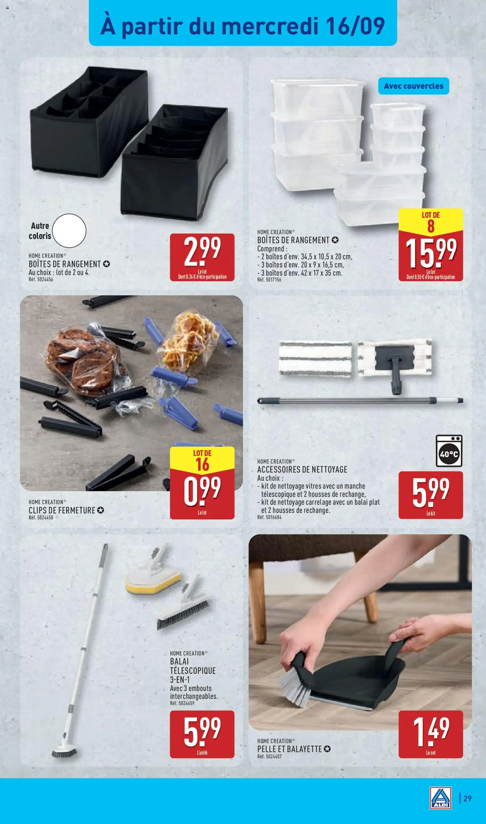 Prévisualisation de Aldi catalogue du magasin Aldi formulaire valide 15/09/2026 - Carrelage, Boîtes de rangement, Balai, Pelle, Balayette, Pelle et balayette, Balai télescopique, Home Creation