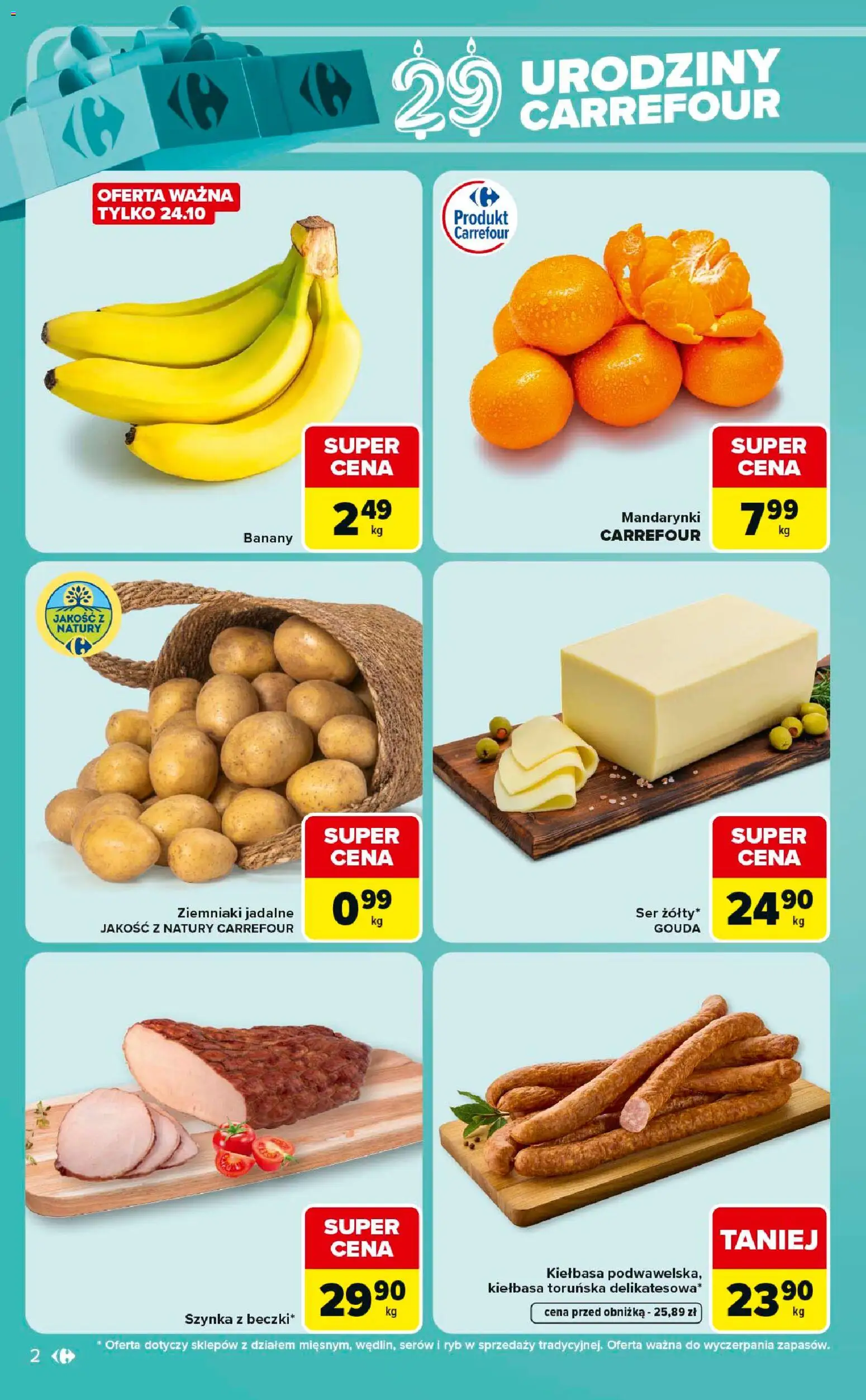 Pogląd gazetki "Carrefour gazetka - Express" ze sklepu Carrefour ważnej od 20.10.2026 - Ziemniaki, Ser, Kiełbasa, Mandarynki, Szynka, Banany, Kiełbasa toruńska