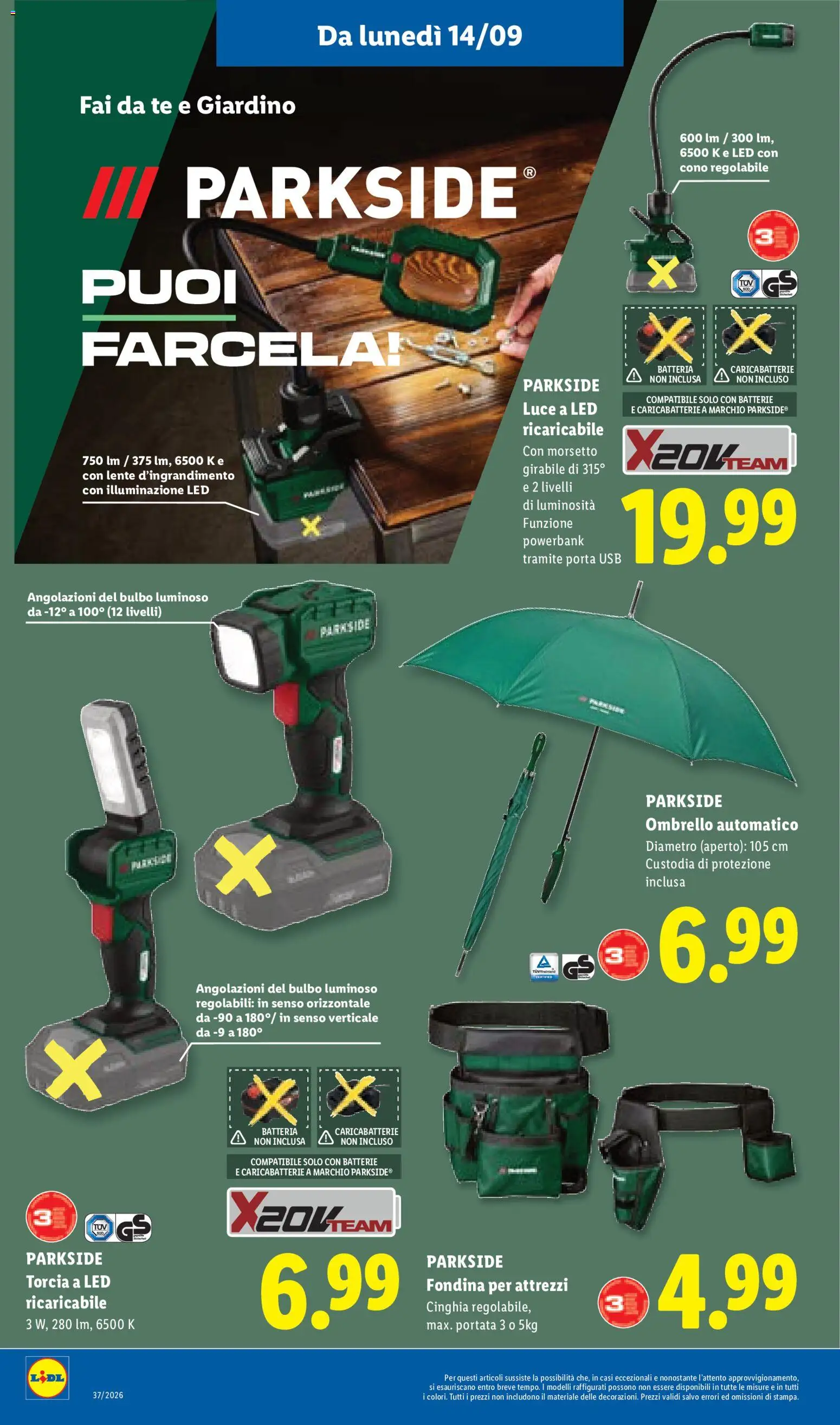 Anteprima dell'opuscolo Lidl volantino dal negozio Lidl valido da 10/09/2026 - Batteria, Caricabatterie, Porta, Torcia, Illuminazione, Ombrello, USB, Batterie