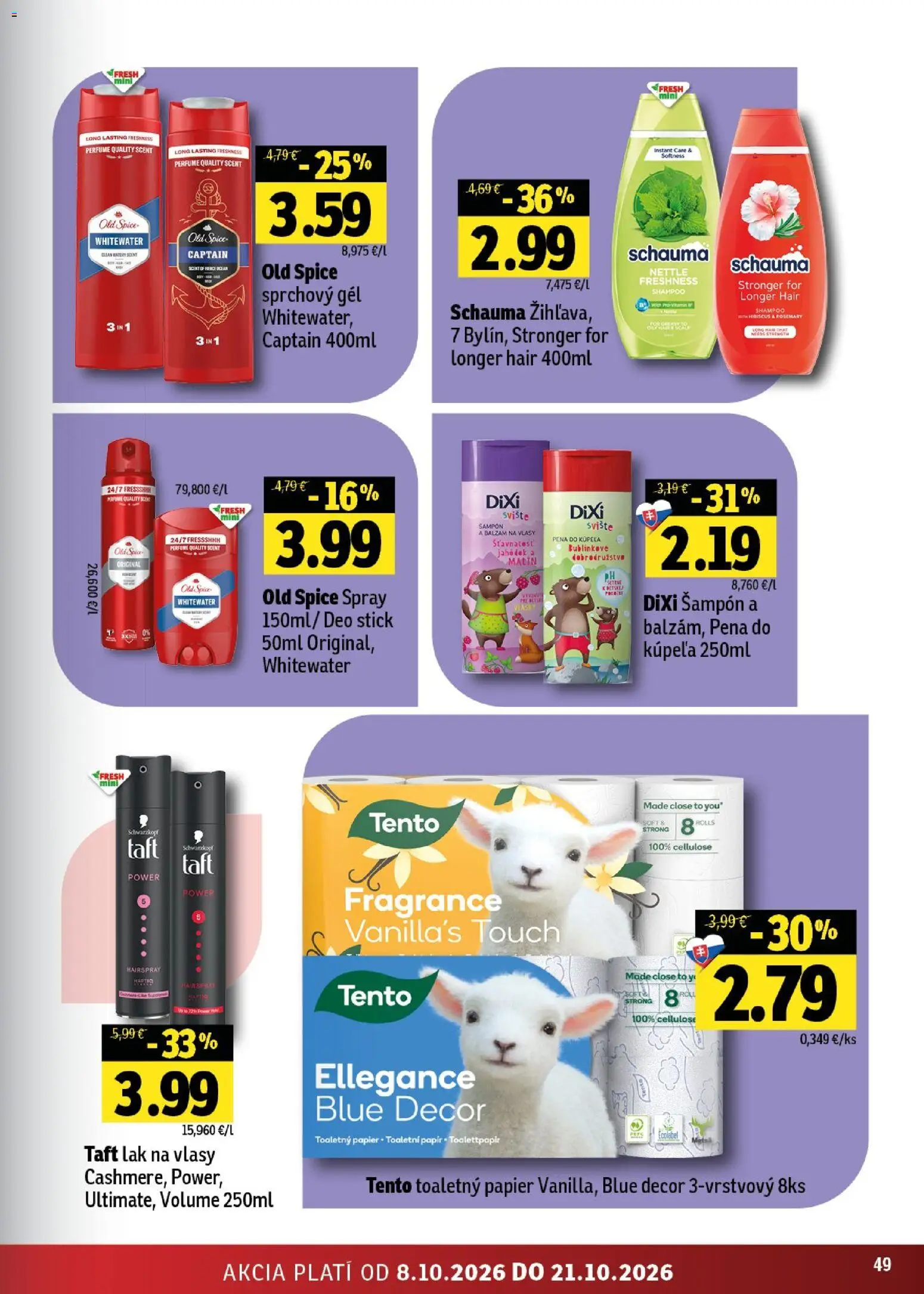 Náhľad Fresh letáku platného od 08.10.2026 - Old Spice, Toaletný papier, Šampón, Lak na vlasy, Pena, Sprchový gél, Pena do kúpeľa