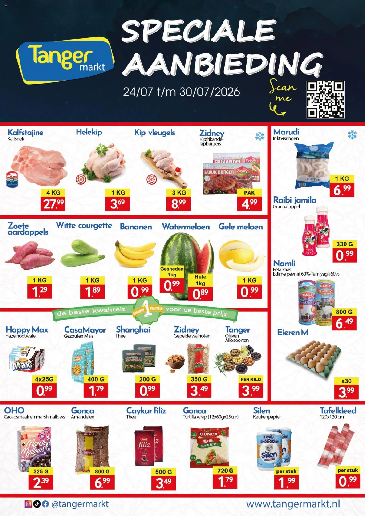 Voorbeeld van Tanger Markt folder van winkel Tanger Markt geldig vanaf 24-07-2026 - Kip, Amandelen, Eieren, Maïs, Feta, Olijven, Feta kaas, Gele meloen
