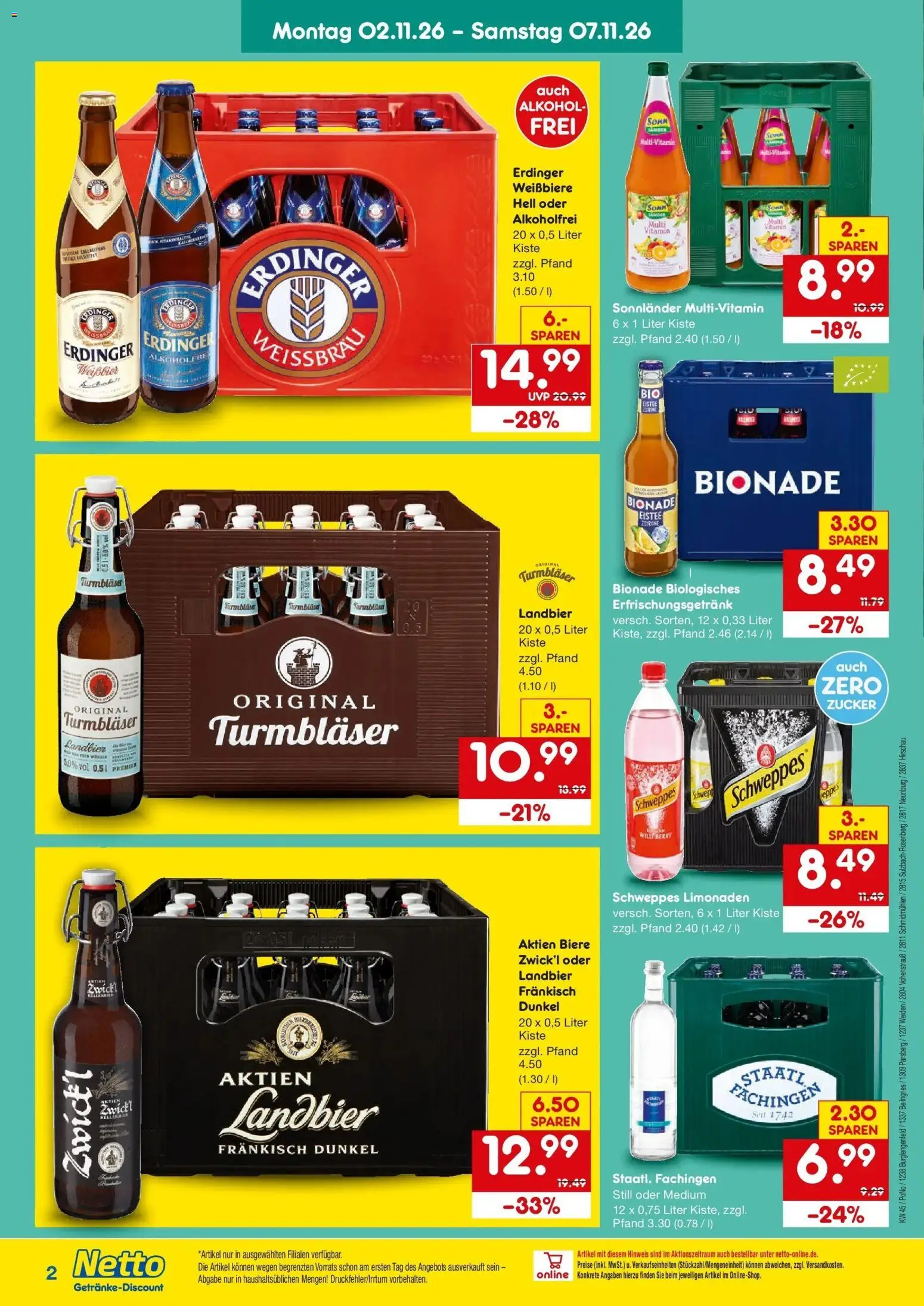 Vorschau von dem Prospekt des Geschäftes Netto Marken-Discount, gültig ab dem 02.11.2026 - Alkohol, Zucker, Schweppes, Bionade, Erdinger, Weißbier