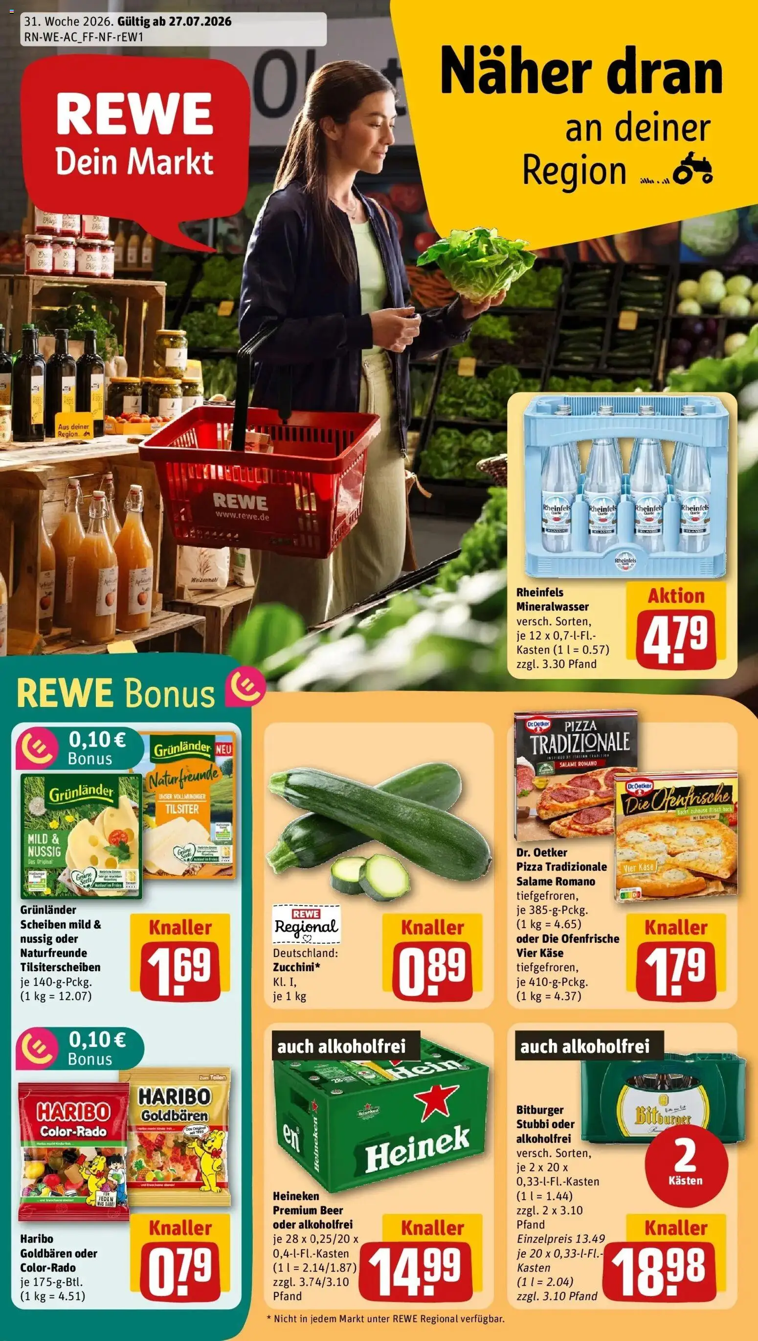 Vorschau von dem Prospekt des Geschäftes Rewe, gültig ab dem 27.07.2026 - Pizza, Käse, Haribo, Mineralwasser, Heineken, Bitburger, Ofenfrische, Grunlander