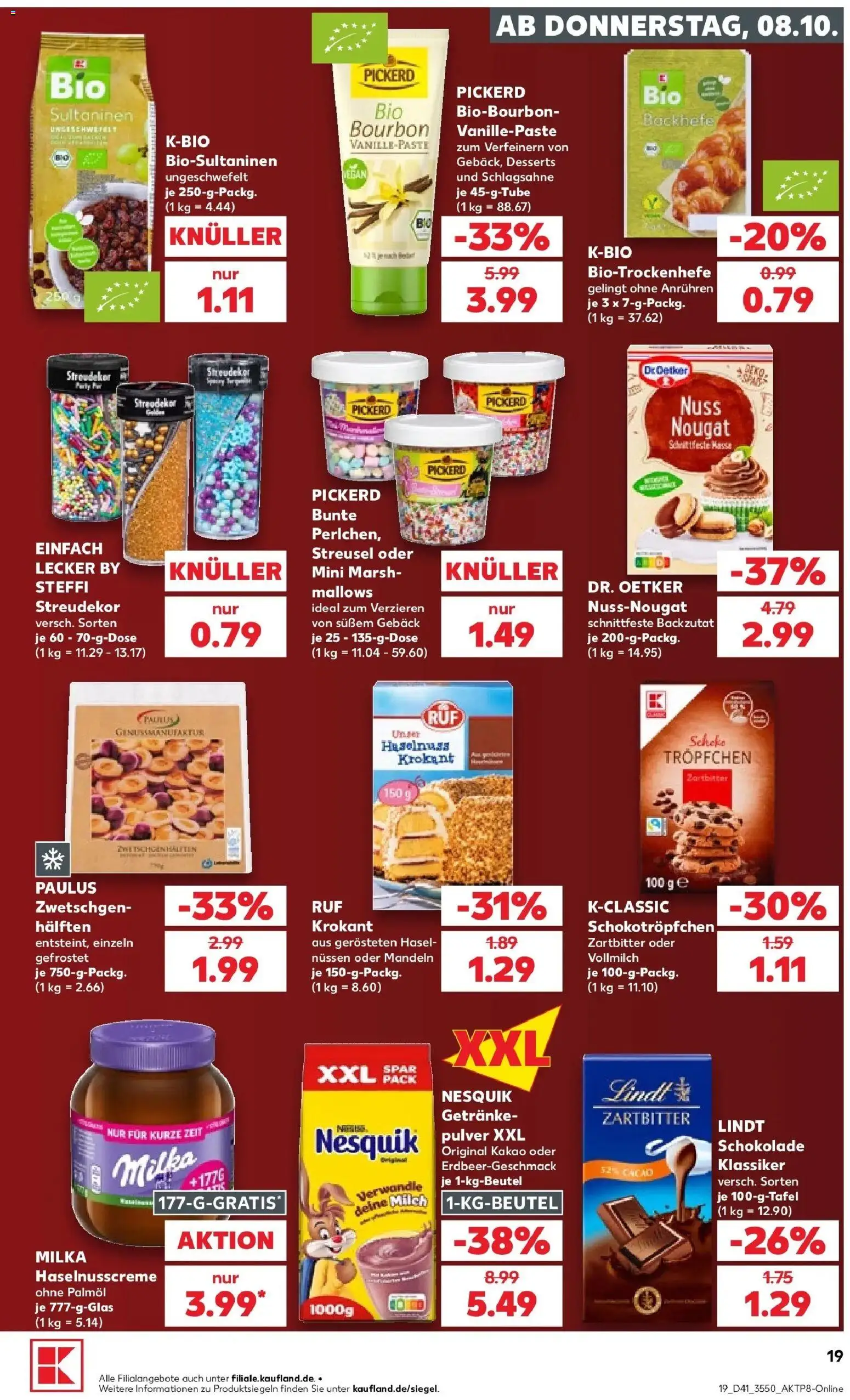 Vorschau von dem Prospekt des Geschäftes Kaufland, gültig ab dem 08.10.2026 - Schokolade, Lindt, Milch, Milka, Schlagsahne, Mandeln, Bourbon, Nesquik