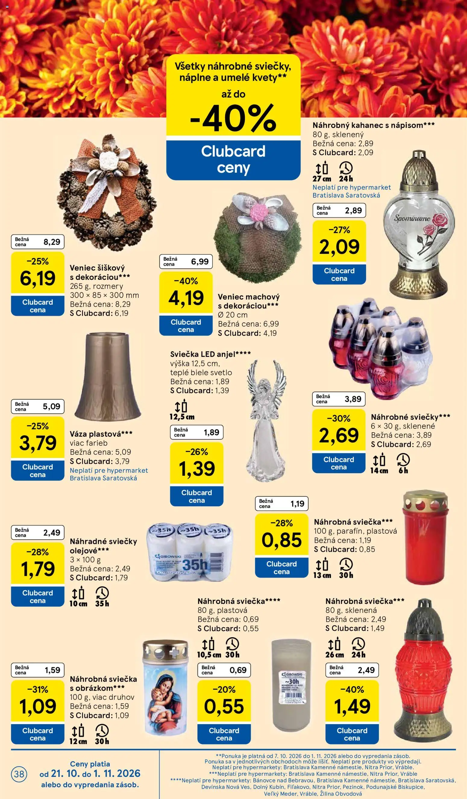 Náhľad Tesco letáku platného od 21.10.2026 - Kvety, Sviečky, Led, Svetlo, Váza, Náhrobné sviečky
