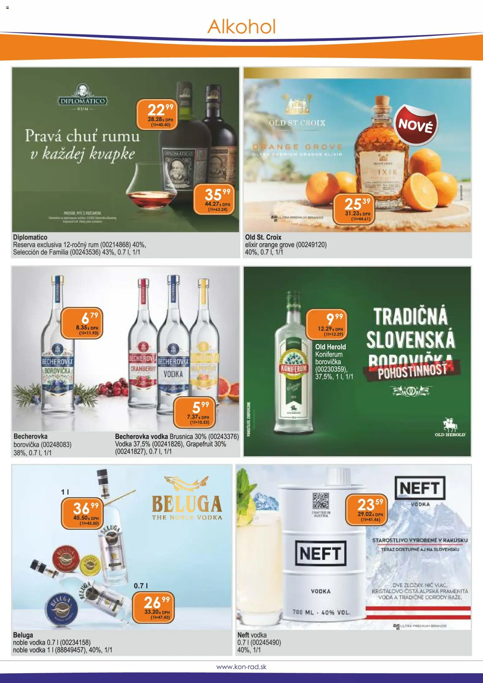 Náhľad KON - RAD letáku platného od 01.11.2026 - Voda, Alkohol, Rum, Vodka, Diplomatico, Becherovka, Grapefruit, Koniferum