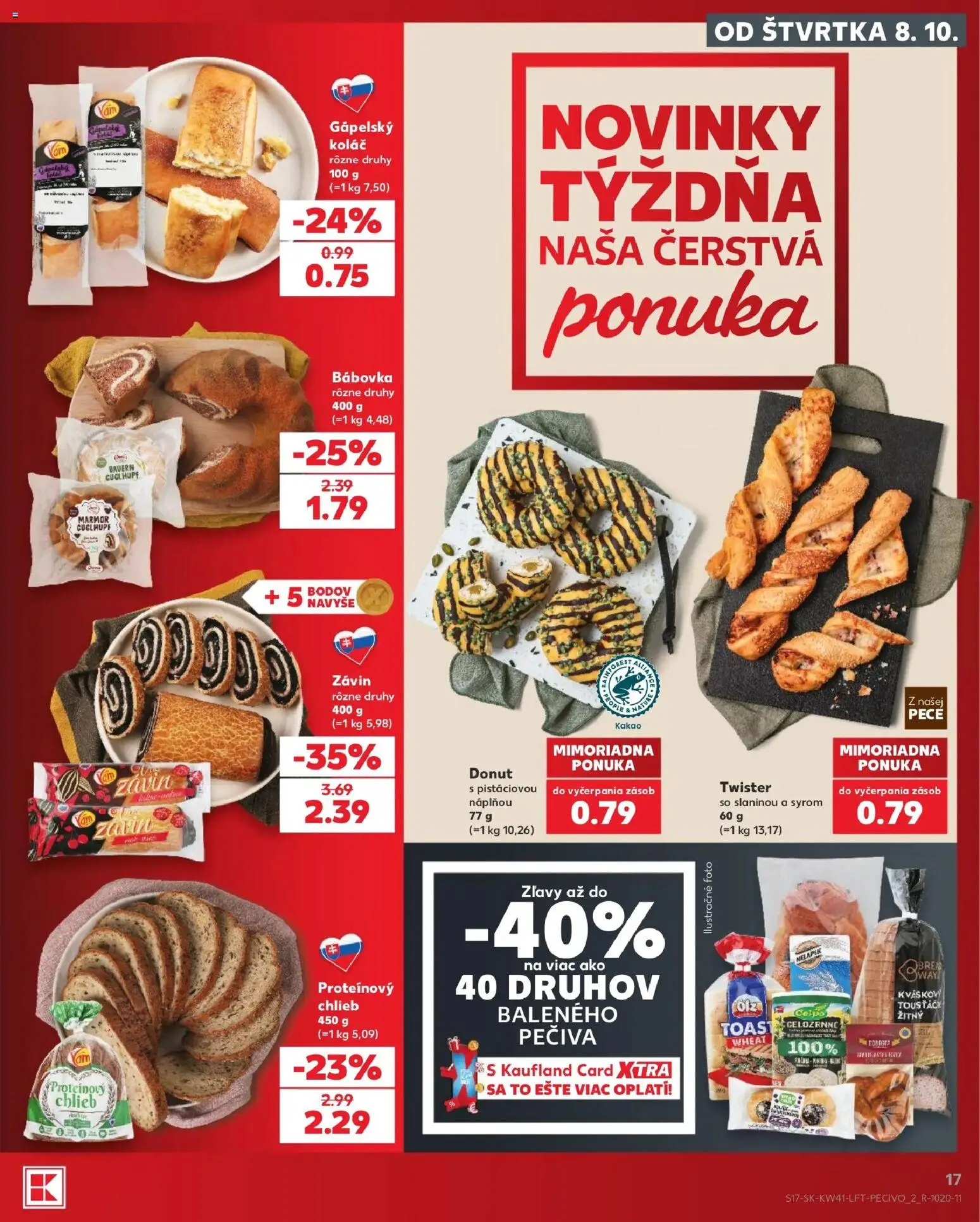 Náhľad Kaufland letáku platného od 08.10.2026 - Koláč, Chlieb, Donut, Kakao, Závin, Proteínový chlieb