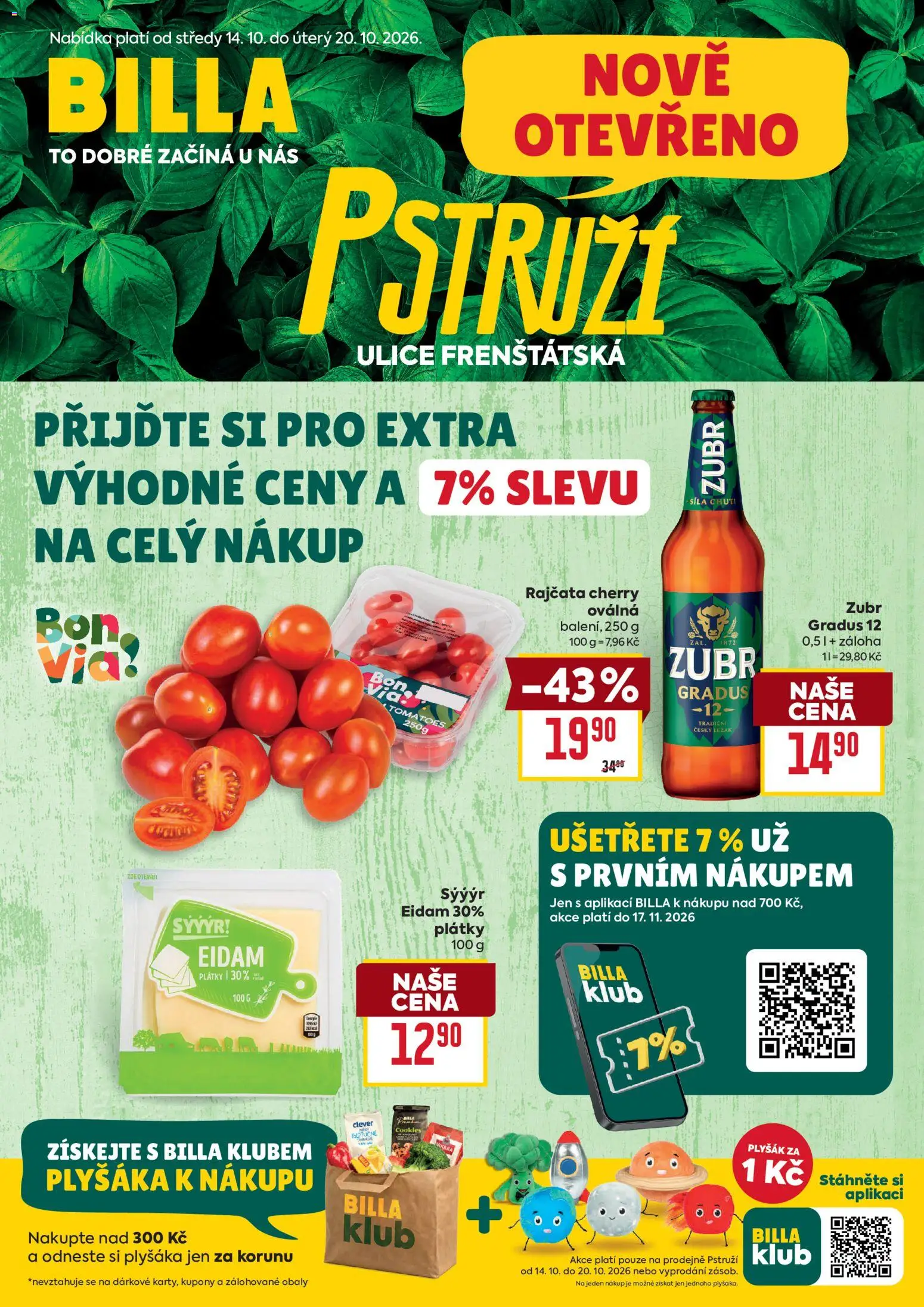 Náhled nabídky: Billa Billa leták - Pstruží platný od 14.10.2026 - Cookies, Zubr, Plyšák, Rajčata, Eidam, Clever