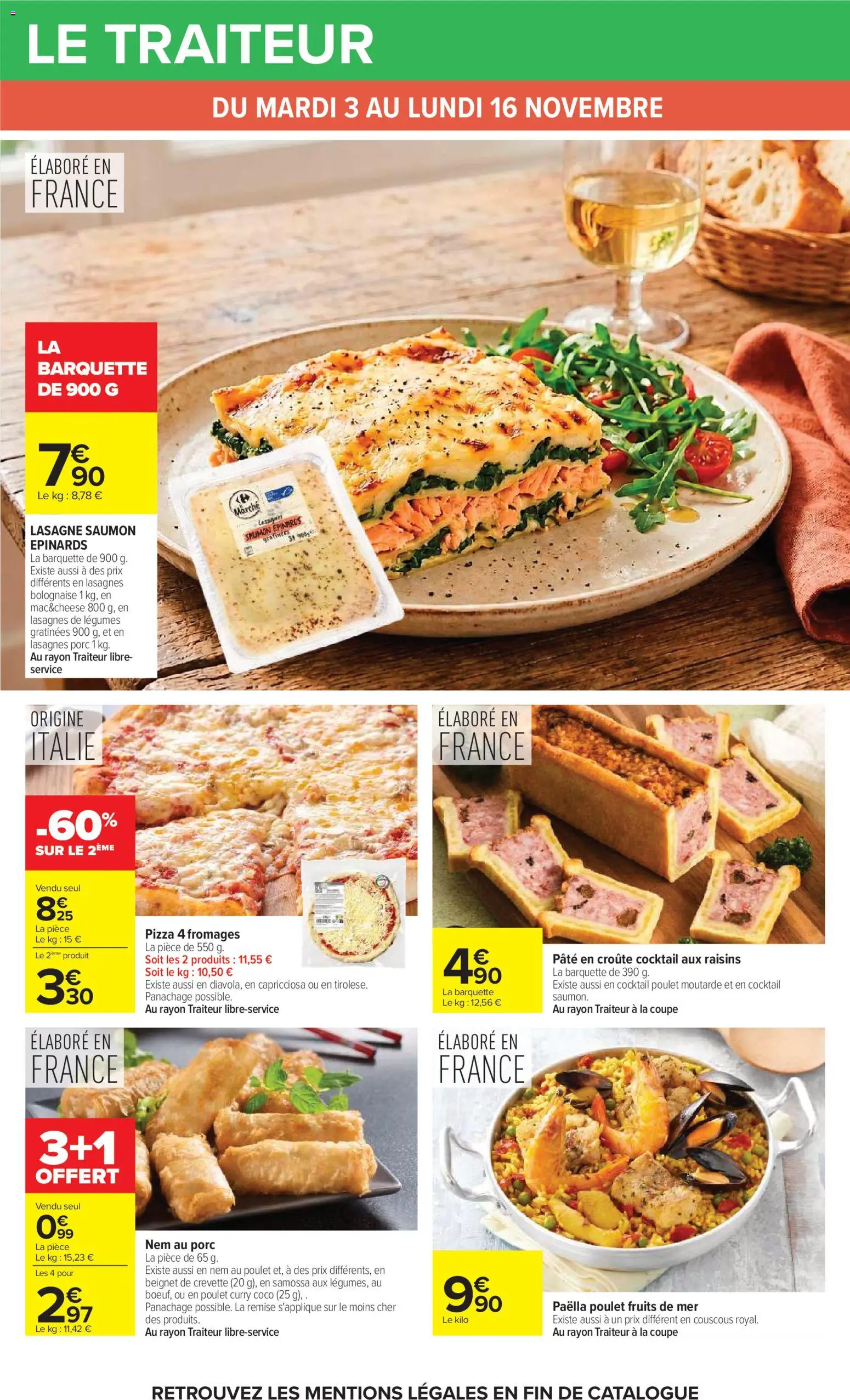 Prévisualisation de Carrefour Petit déjeuner du magasin Carrefour formulaire valide 03/11/2026 - Pizza, Couscous, Poulet, Fruits, Curry, Beignet, Moutarde, Pâté en croûte