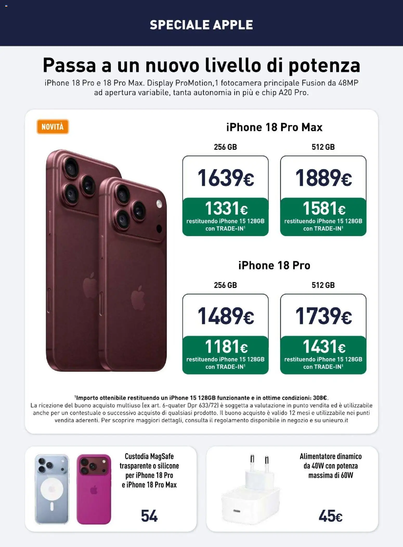 Anteprima dell'opuscolo Unieuro volantino Apple dal negozio Unieuro valido da 23/10/2026 - Iphone, Fotocamera, Silicone