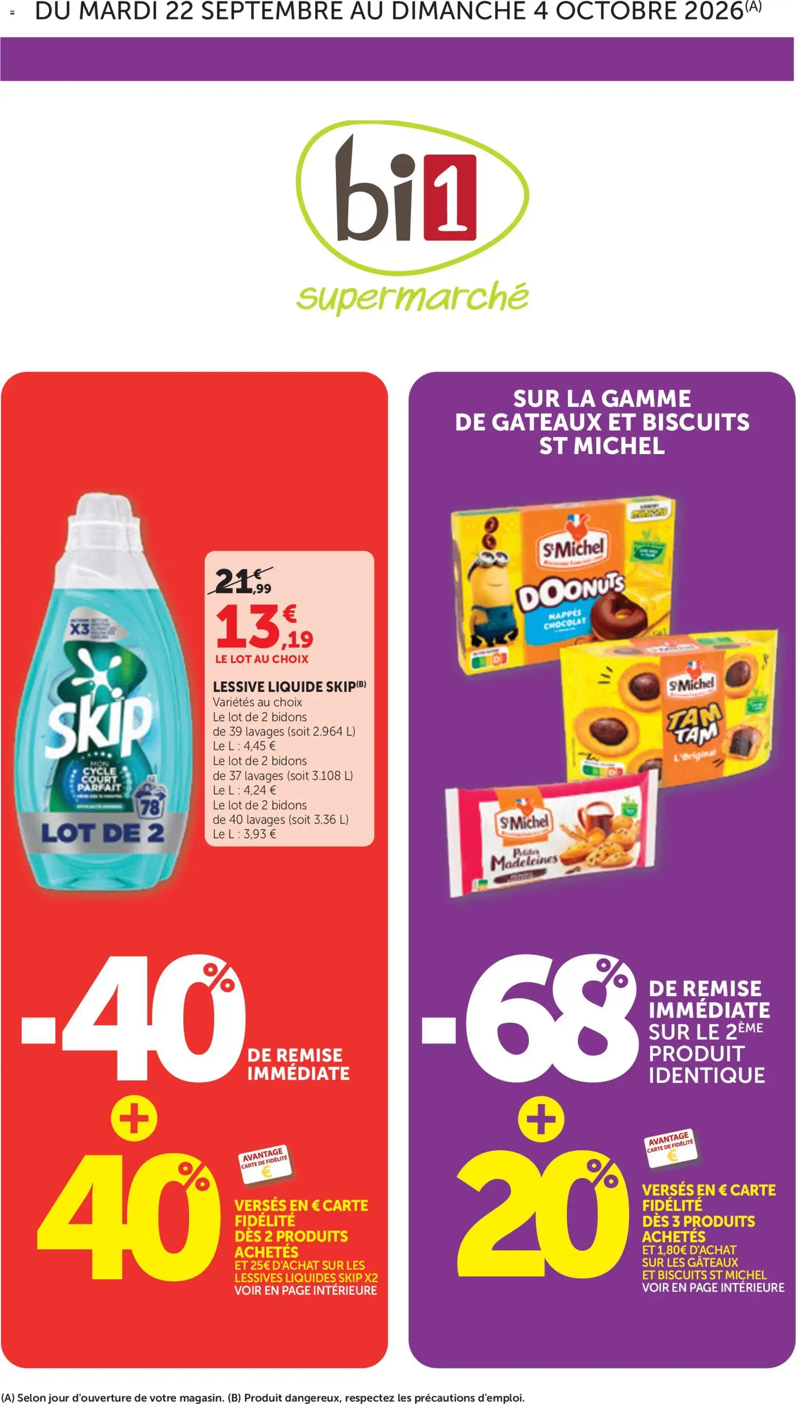 Prévisualisation de bi1 Catalogue du magasin bi1 formulaire valide 22/09/2026 - Madeleines, Chocolat, Biscuits, Lessive, Skip, Lessive Liquide