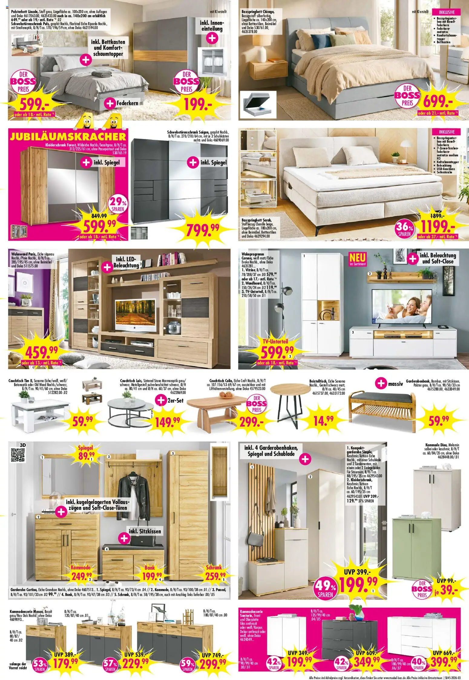 Vorschau von dem Prospekt des Geschäftes SB Möbel Boss, gültig ab dem 31.10.2026 - Kleiderschrank, Couchtisch, Boxspringbett, Kommode, Tisch, Polsterbett, Topper, Schwebetürenschrank