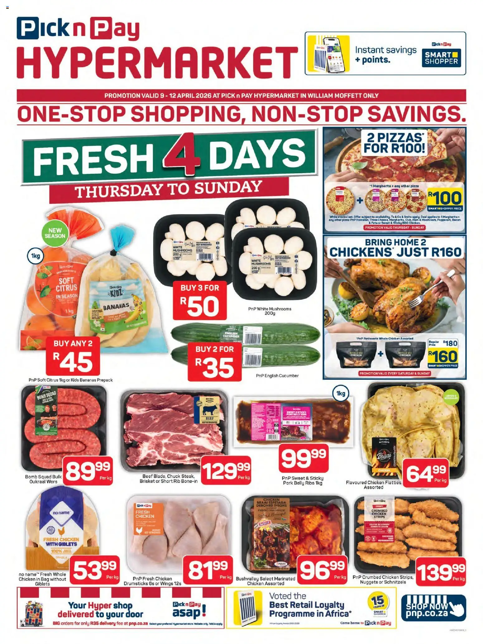Preview of Pick n Pay flyer valid from 09/04/2026 - Pizza, Mushrooms, Pork belly, Thighs, Ham, Beef, Bacon, Chicken strips